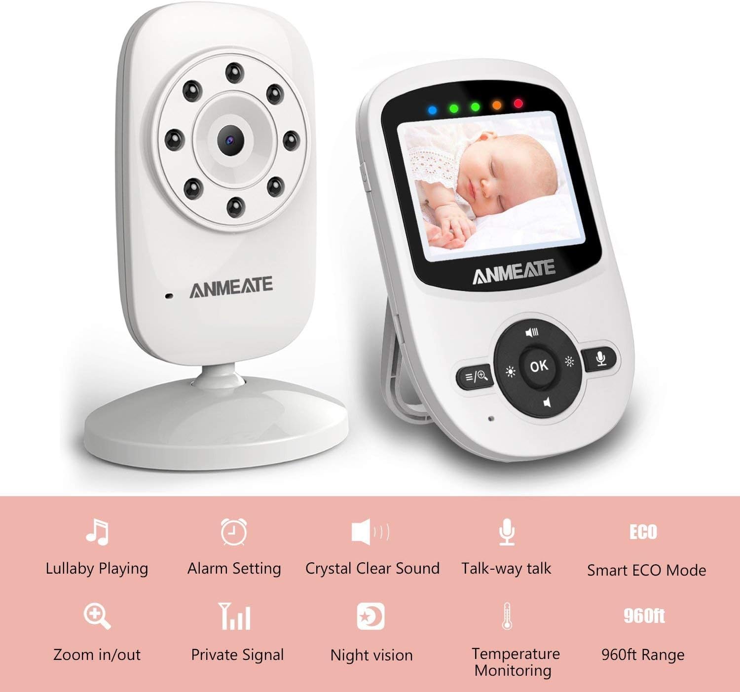 Video Baby Monitor with Digital Camera, ANMEATE Digital 2.4Ghz Wireless Video Monitor with Temperature Monitor, 960ft Transmission Range, 2-Way Talk, Night Vision, High Capacity Battery Pack of 2