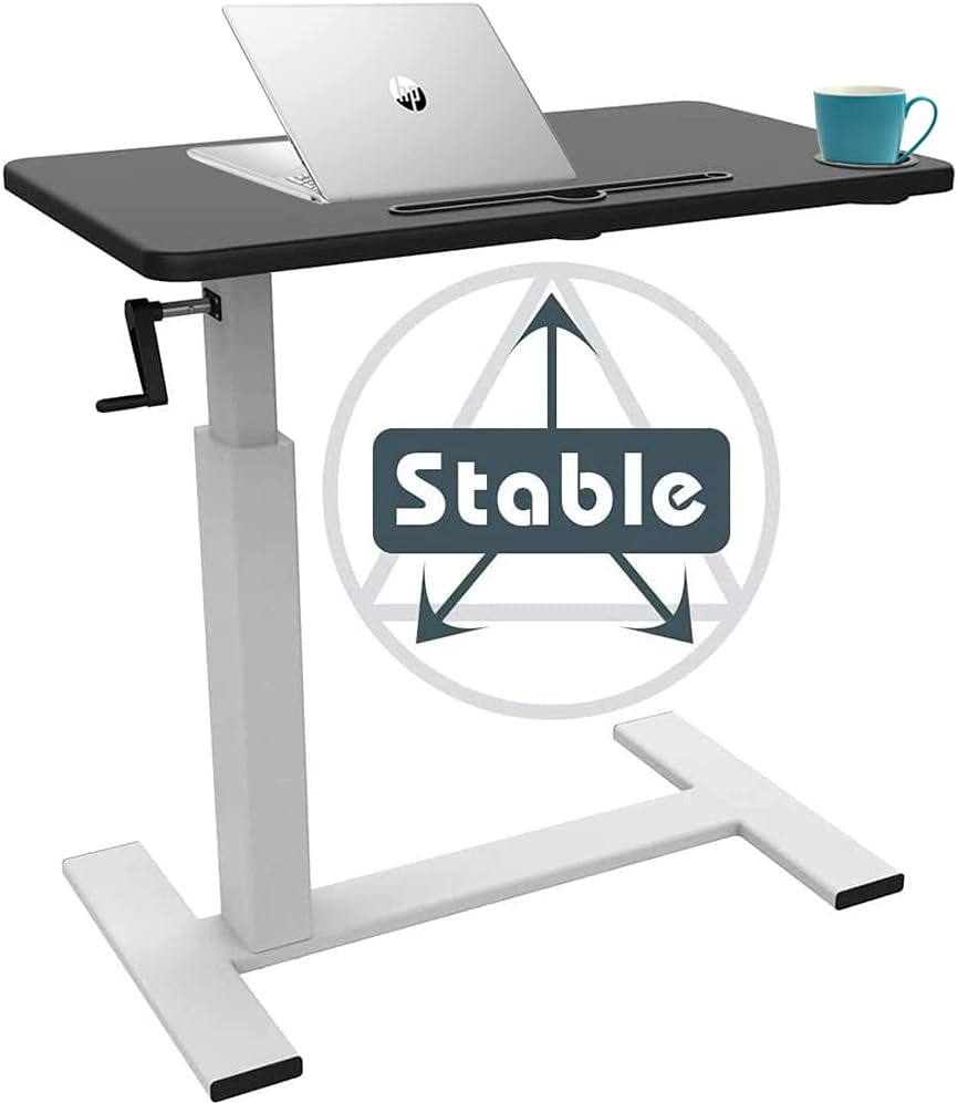 Hospital Bed Table,Balee Overbed Table with Crank Adjustable Height Laptop Table Heavy-Duty Desk Multi-Purpose for Home and Hospital Use (Black and White Table)