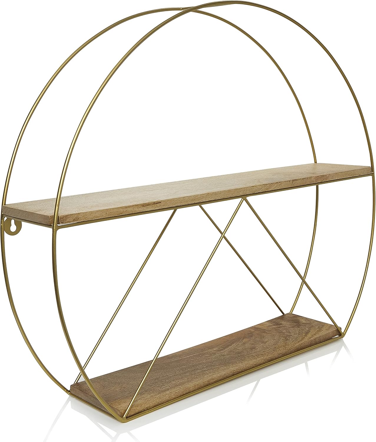 Gold Round Wall Shelves, Large Circular Floating Shelf for Bathroom, Living Room, Kitchen and Bedroom, Brass Geometric Wall Decor, Metal Sconce Shelf with Mango Wood, Boho Accent Display Pack of 2