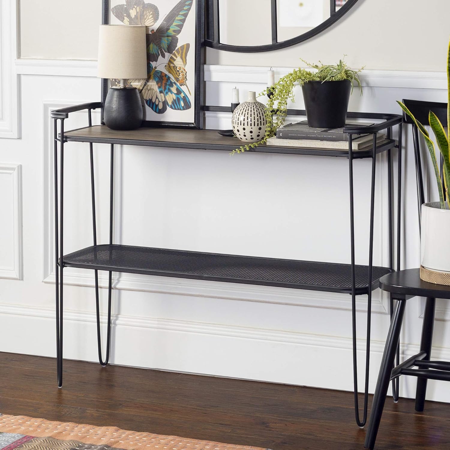 Walker Edison Mid Century Hairpin Metal Frame Square Modern Side Accent Table Living Room Storage Small End Table, 16 Inch, Dark Walnut