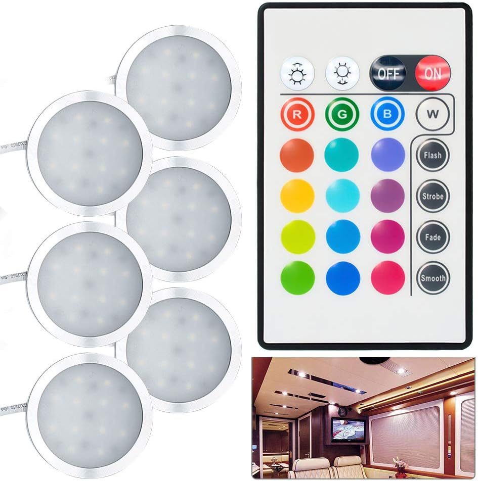 Led Puck Lights RGB,Maso Under Cabinet Light Kit Multi Color Dimmable Under Counter Mood Light for Motorhome RV Car Caravan Pack of 2