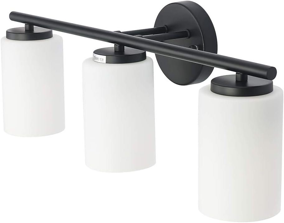LMSOD Black Vintage Vanity Lighting Fixture, 3-Light Industrial Bathroom Wall Light Sconce with Frosted Milky White Glass Shade