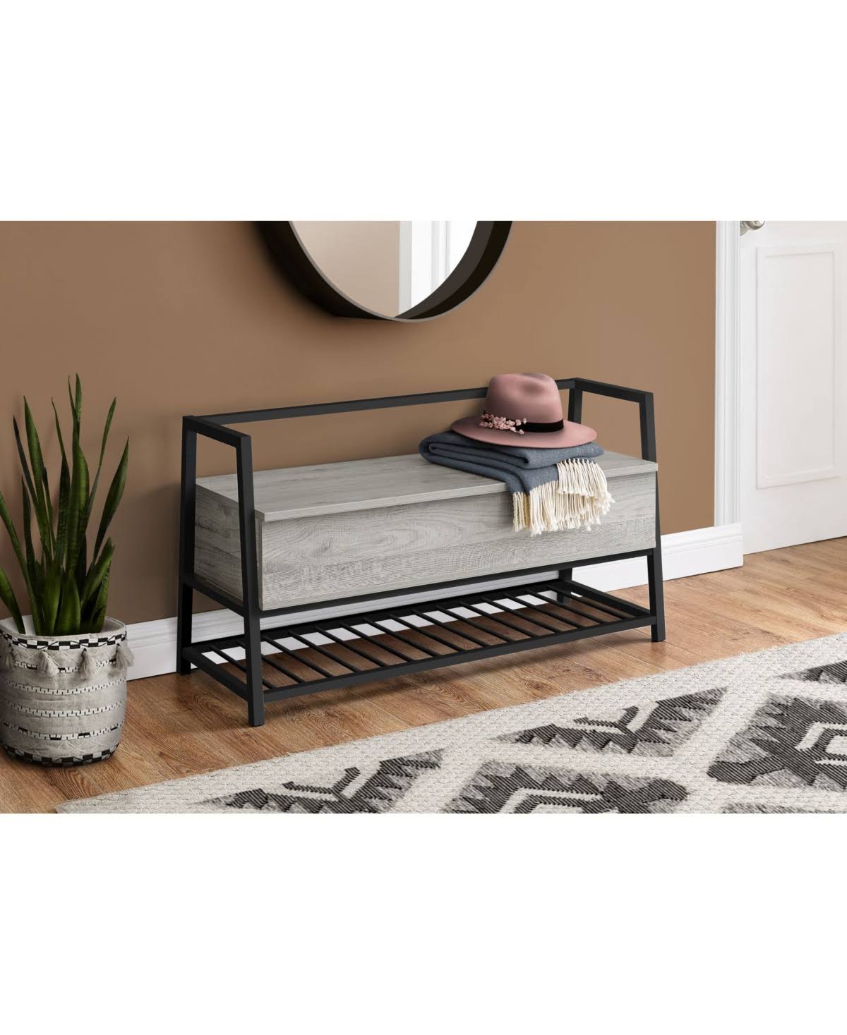 Monarch Bench - 42x22L, Grey Storage, Black Metal