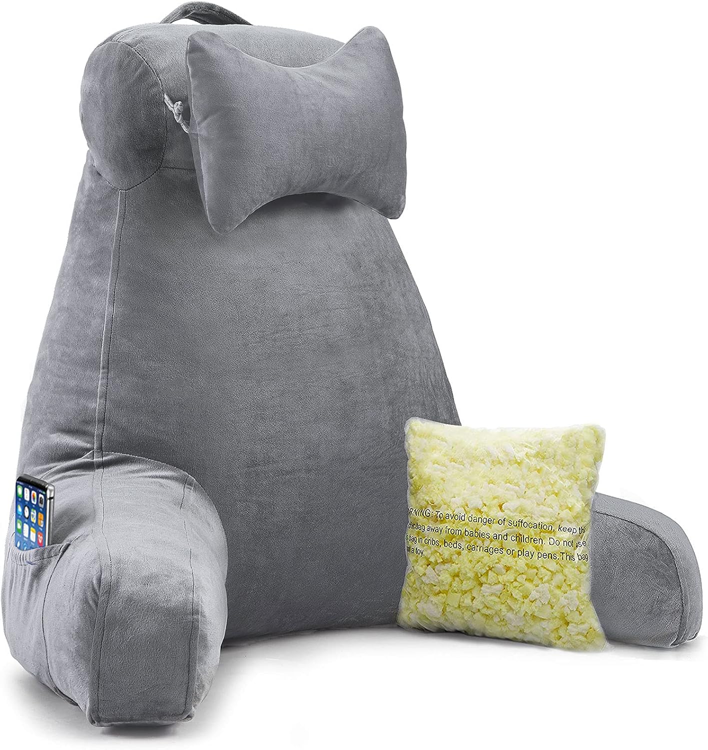 Vekkia Bed Rest Reading & Neck Pillow, Bonus Multifunction Detachable Pillow, Ergonomic Design. Perfect Back Support for Adults Reading/Watching TV/Sitting in Bed - Extra Foams Incl. Large- 23.5'