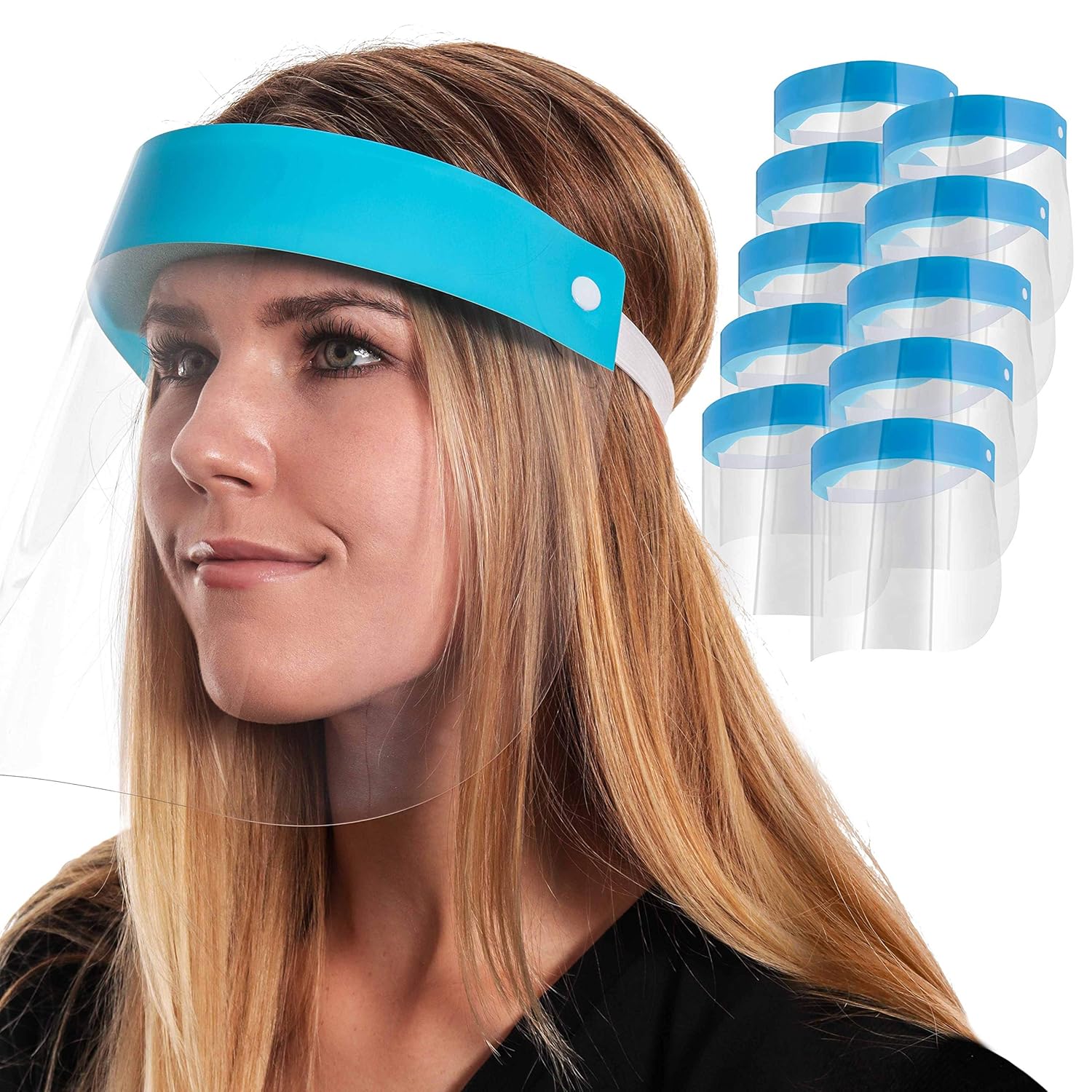 Salon World Safety Face Shields (100-Black & 100 Blue) - Ultra Clear Protective Full Face Shields to Protect Eyes, Nose and Mouth - Anti-Fog PET Plastic, Elastic Headband - Sanitary Droplet Guard Pack of 2