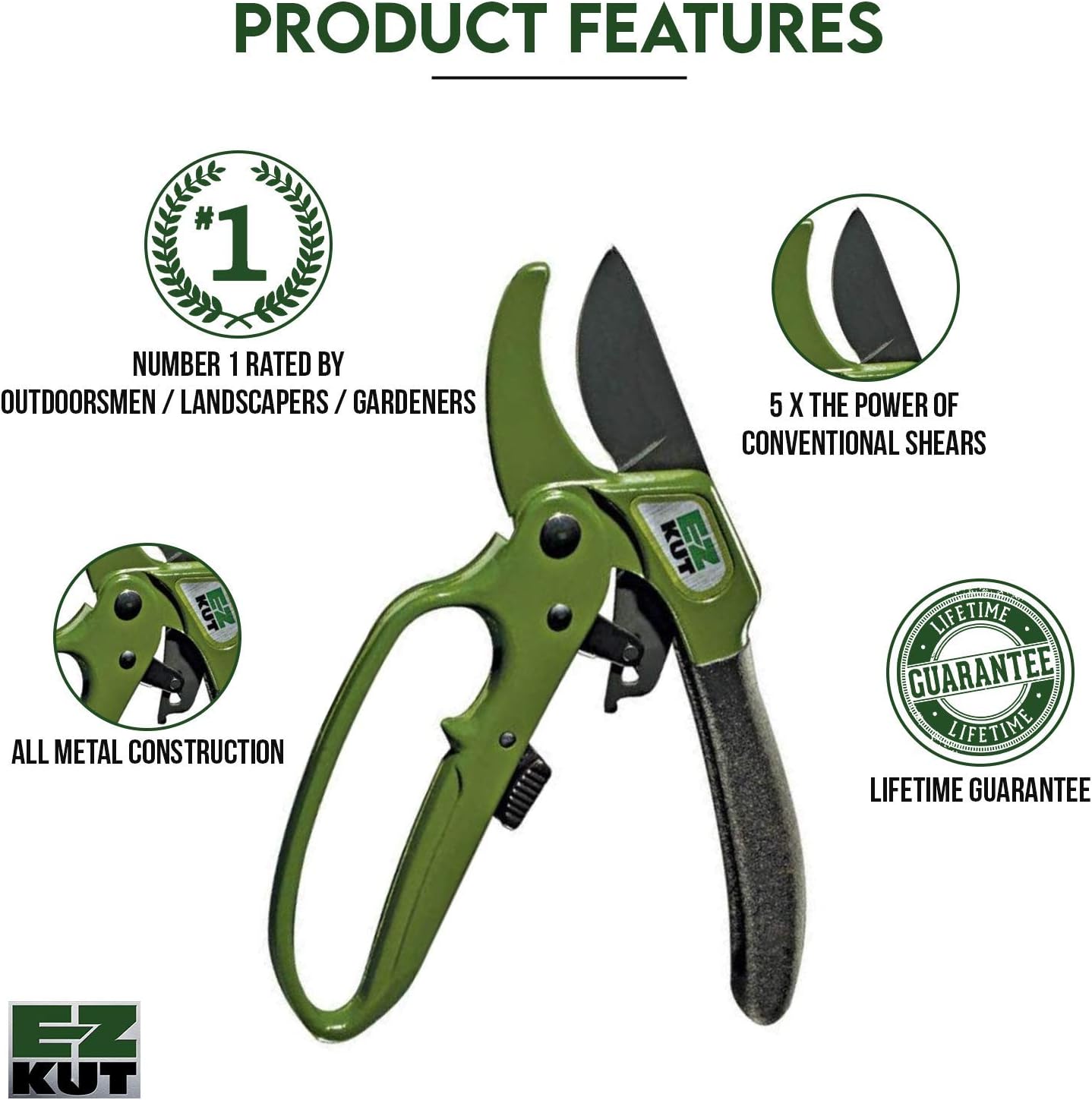 EZ Kut Heavy Duty Pruning Shears Green - Pruners Ratcheting Ratchet Hand Pruner - Great Garden Hand Tool Clippers - Gardening pruners, arthritis tools. Hand Pruner with Ratcheting action. Since 1988