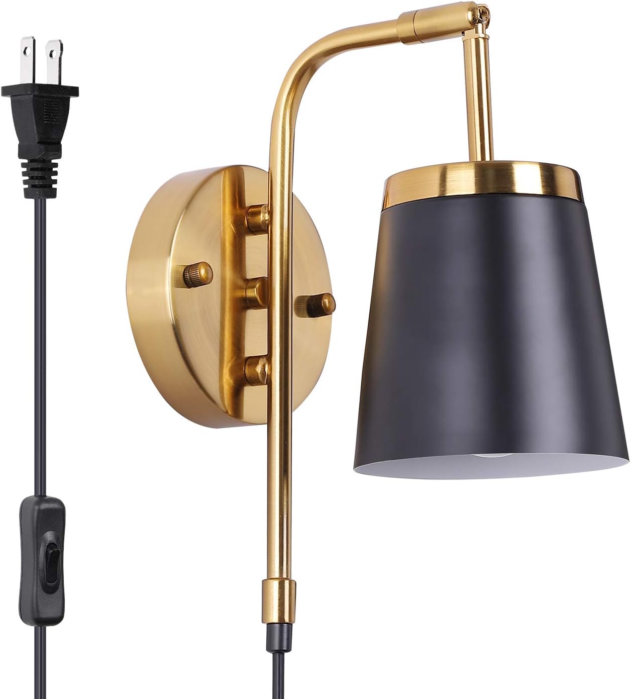 MWZ Sconces Wall Lighting Plug in,Black and Gold Modern Hardwired Sconce Wall Light with On Off Switch , Industrial Edison Adjustable Wall Lamp Metal Shade Wall Light Fixtures for Bedroom 1-Light
