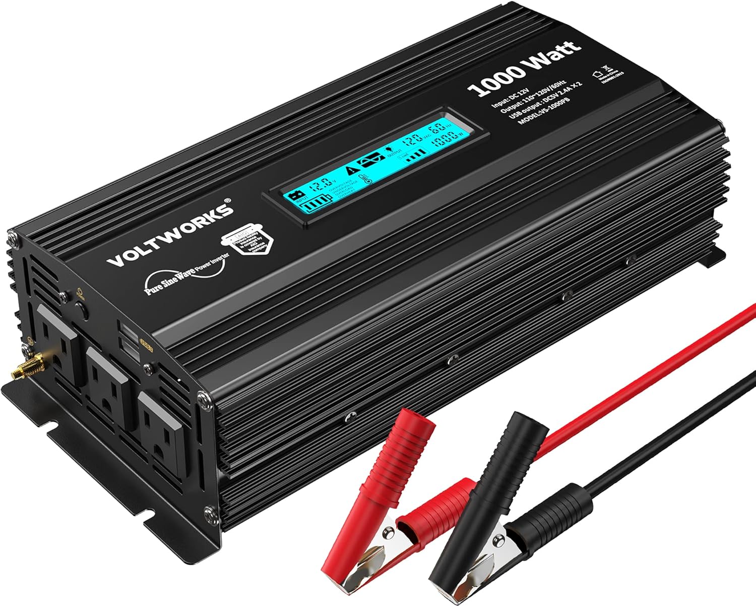 Pure Sine Wave 1000 Watt Power Inverter DC 12v to AC 110V-120V 1000W with LCD Display and 2.4A Dual USB Ports 3 AC Outlets for Home RV Truck[3 Years Warranty] by VOLTWORKS