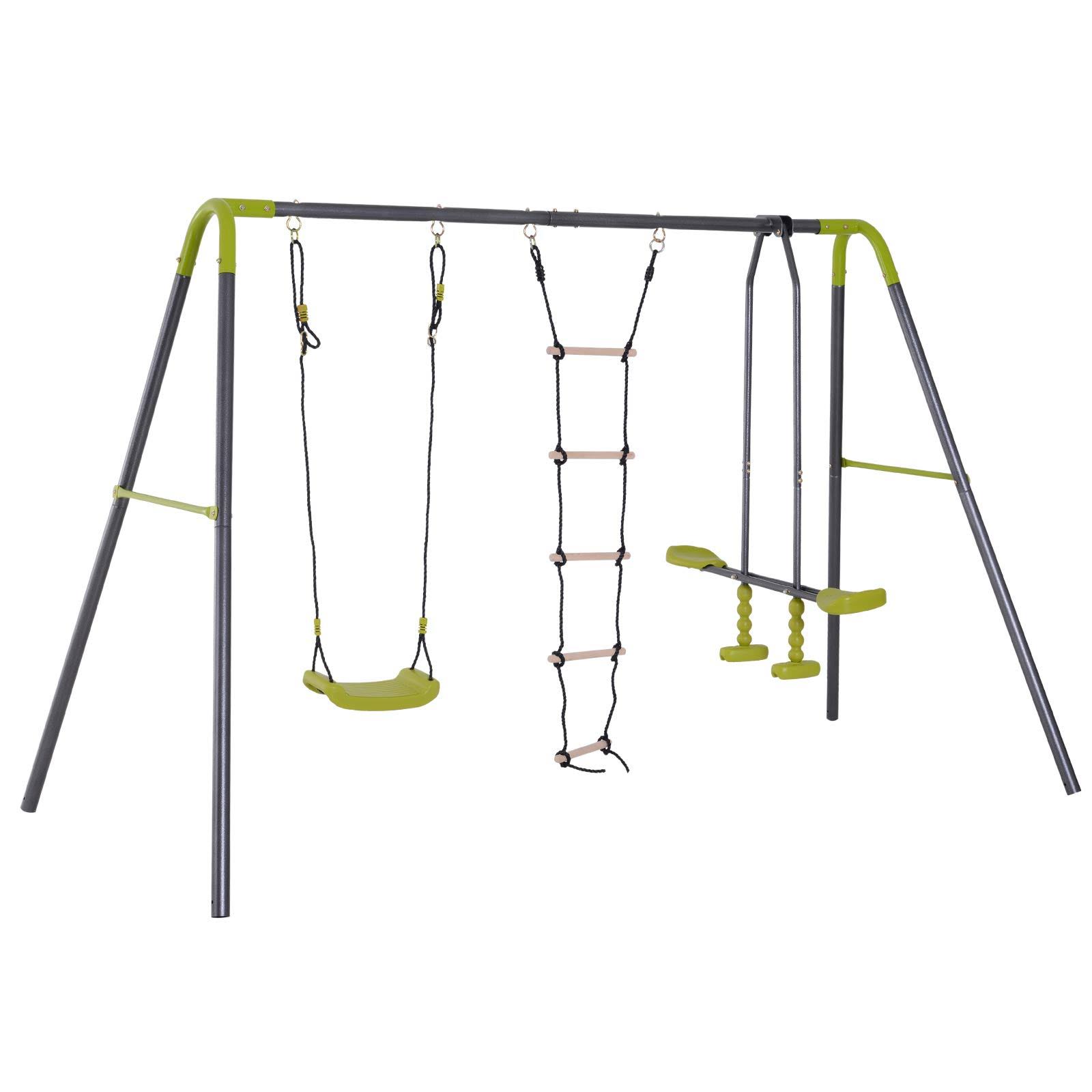 HOMCOM 3 in 1 Kid Swing Set, Double Face to Face Swing Chair u0026 Glider Set, Climbing Ladder A-Frame, Grey and Yellow
