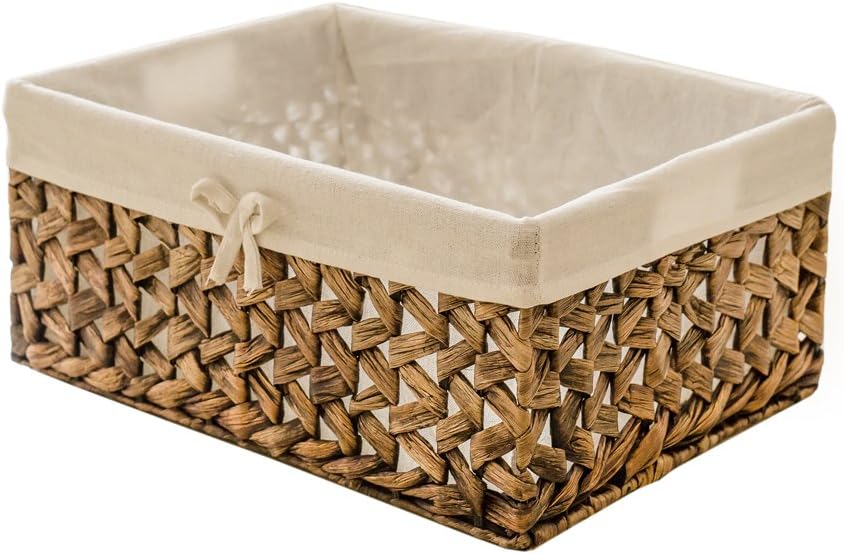 Rectangular Woven Seagrass Storage Bin with Handle,Kingwillow. (water hyacinth, Large) Pack of 2