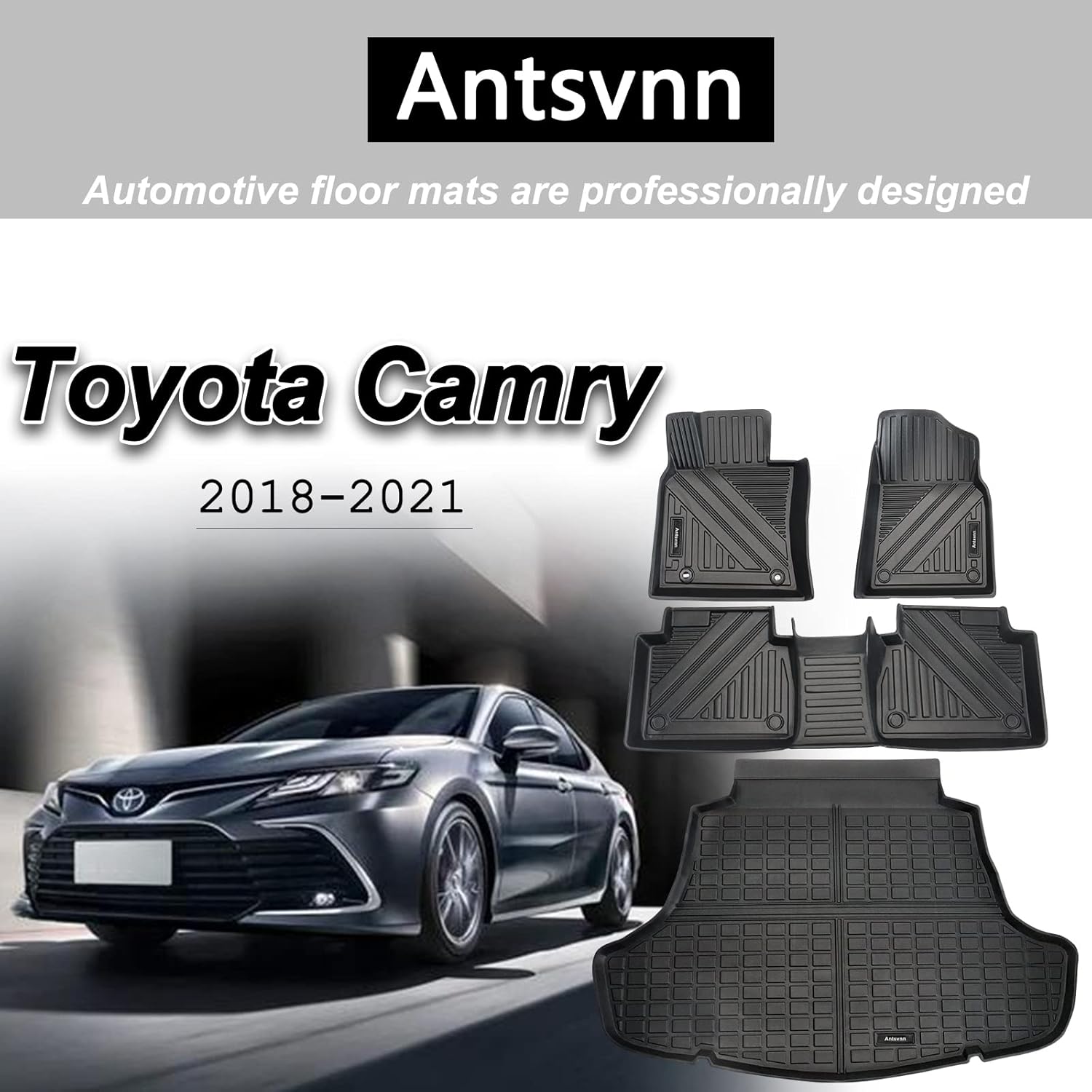 Antsvnn Floor Mats 2 Row and Cargo Liner Compatible with 2018 2019 2021 2022 Toyota Camry All Weather Rubber Floor Liners Black (FWD Only Models Only) (No Hybrid)