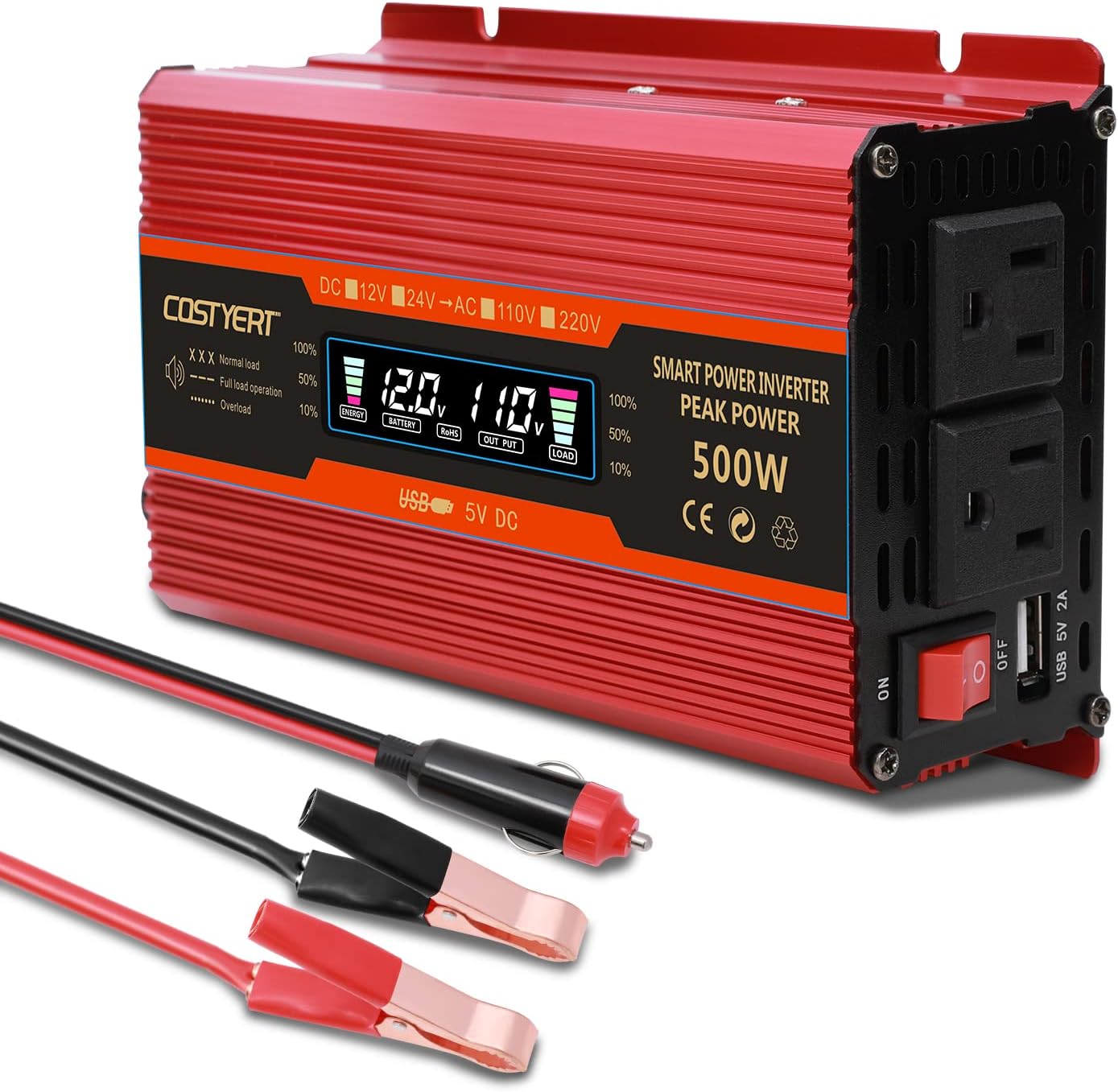 COSTYERT 500W Power Inverter DC 12V to 110V AC Car Inverter with Alligator Battery Clamp, LCD Display, Dual AC Outlets & 2.0A USB Ports Charger, Red