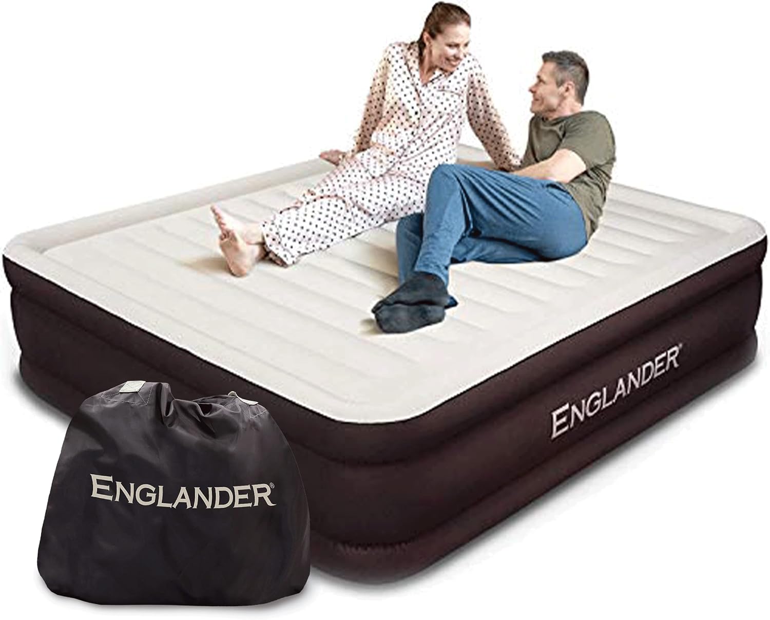 Englander Queen Size Air Mattress w/ Built in Pump - Luxury Double High Inflatable Bed for Home, Travel & Camping - Premium Blow Up Bed for Kids & Adults - Black