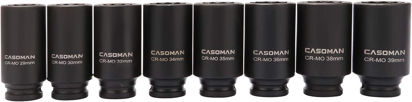 CASOMAN 1/2-Inch Drive Deep Spindle Axle Nut Impact Socket Set,12 Point, Metric, CR-MO, 29,30 32 34 35,36,38,39mm 8 Piece 1/2