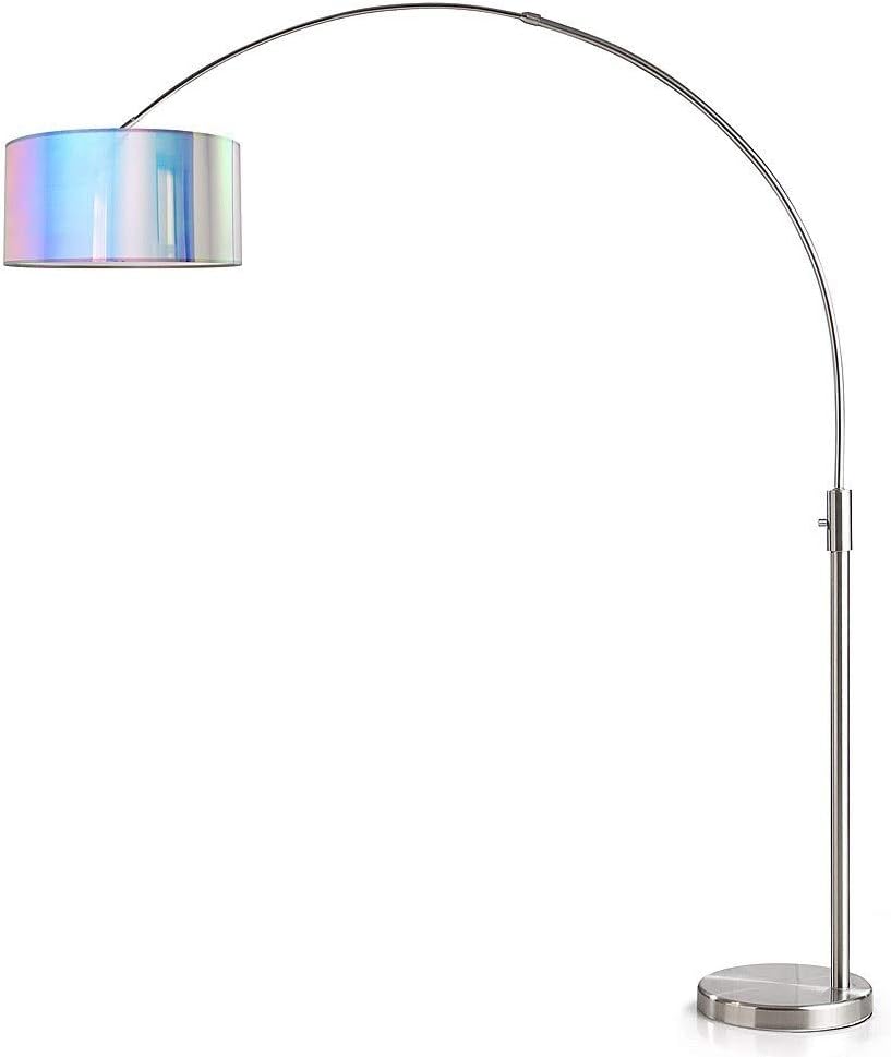 HomeGlam Orbita 82-inch Brushed Nickel Retractable Arch Dimmable Floor Lamp with LED Bulb and Drum Iridescent Shade