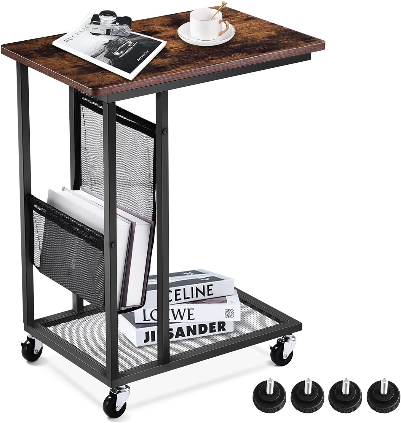 Living Room C Shaped End Table, with Pulley and Adjustable Feet Couch Side Table, Couch Drink Table, Easy Assembly of Metal Frame Tray Tables Pack of 2