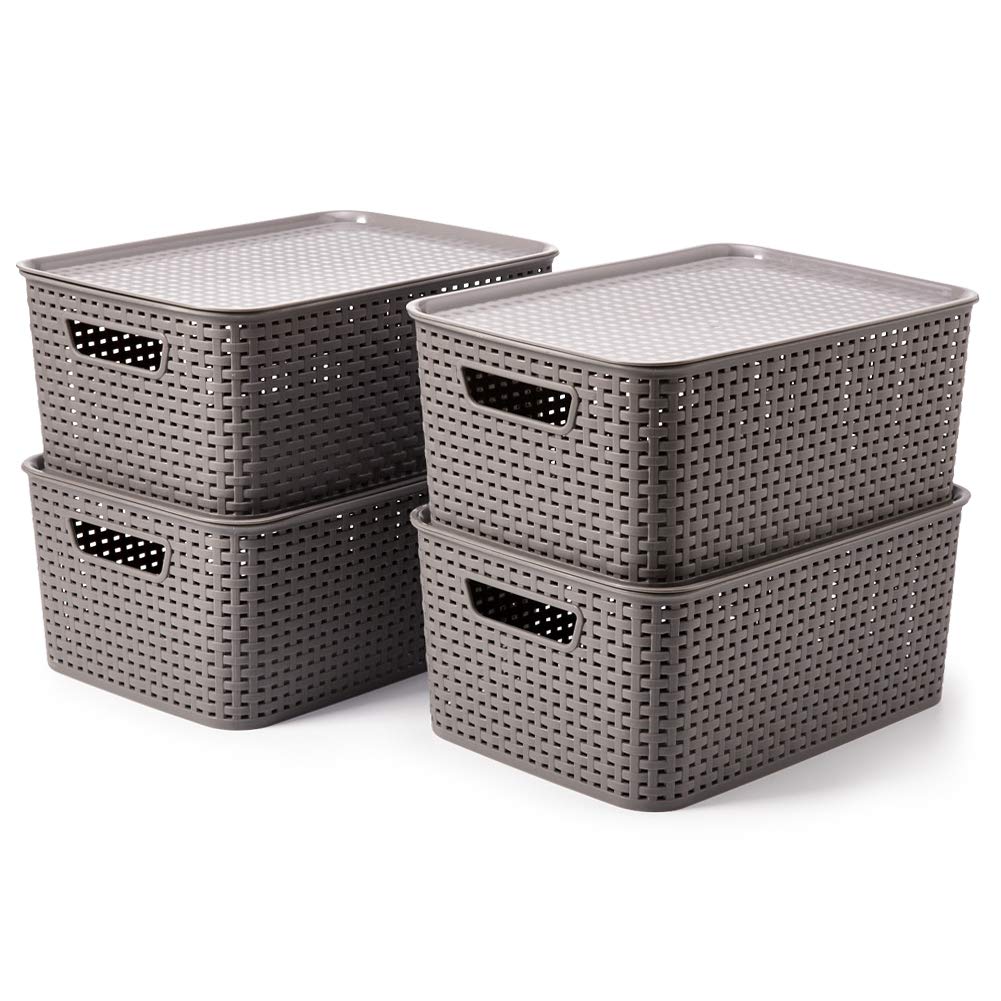 EZOWare Set of 4 Lidded Storage Bins, Large Plastic Stackable Weaving Wicker Baskets Boxes Containers with Lids and Handle, 15.4 x 10.5 x 6.7 inch Pack of 2