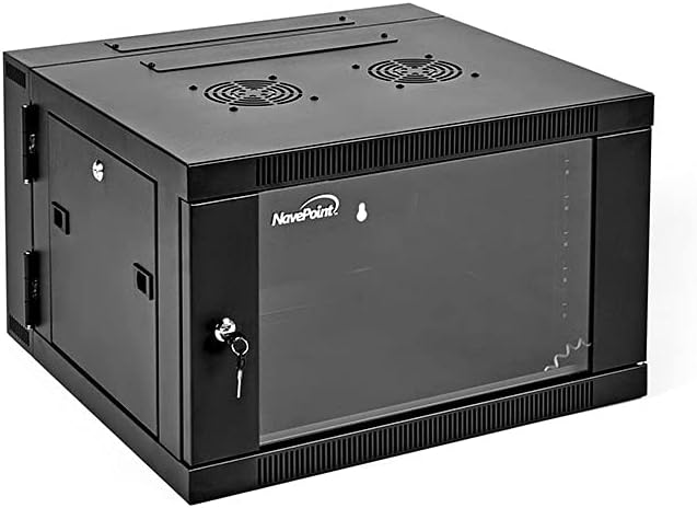 NavePoint 6U Wall-Mount Network Cabinet Enclosure, 450mm Depth, Hinged Back, Swing Gate Server Cabinet, Locks, Pre-Assembled, Reversible Glass Front Door, 2 x L Brackets, 2 Fans, Cable Management