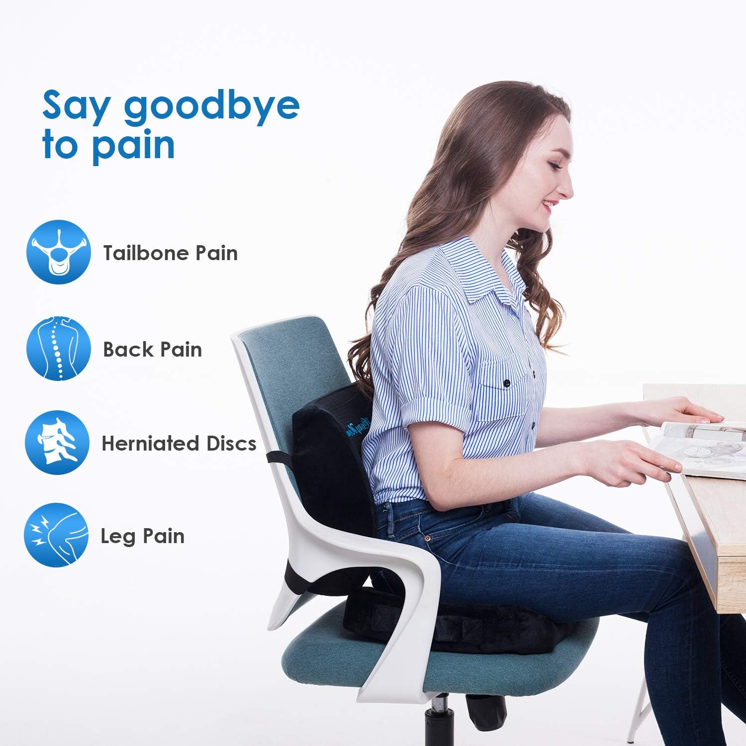 Coccyx Seat Cushion and Lumbar Support Pillow for Office Desk Chair Memory Foam Car Seat Cushion & Orthopedic Back Pillow for Sitting Help Tailbone Pain, Sciatica and Pressure Relief, Washable Cover