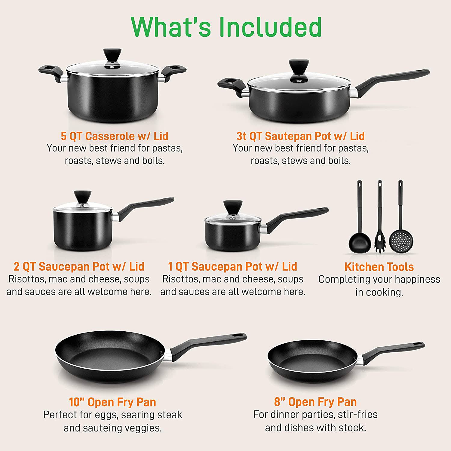 Nutrichef Nonstick Cooking Kitchen Cookware Pots and Pan, 13 Piece Set, Black