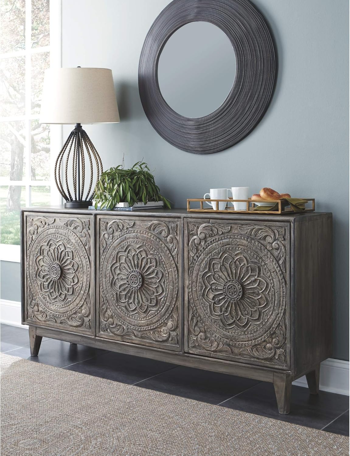 Signature Design by Ashley Fair Ridge Boho Hand Carved Wood Accent Cabinet or TV Stand, Dark Gray