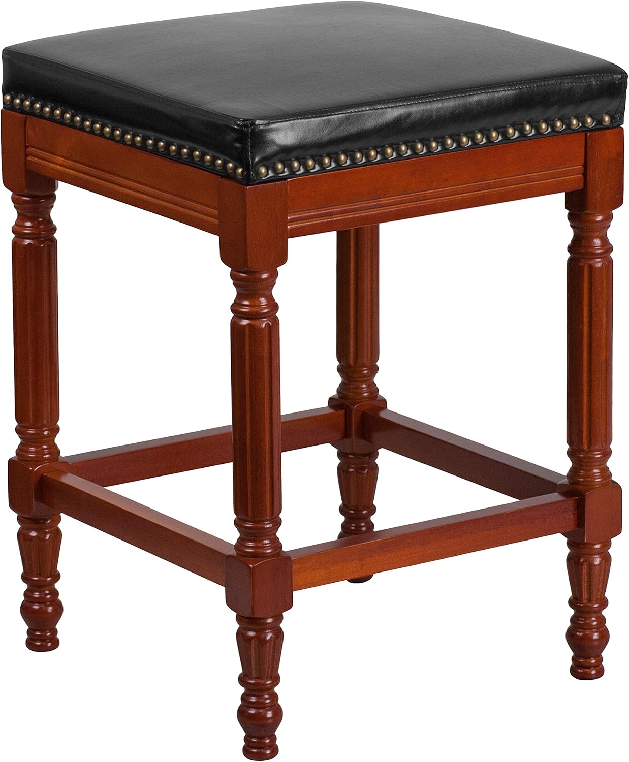 Flash Furniture 26'' High Backless Light Cherry Wood Counter Height Stool with Spindle Legs and Black Leather Seat