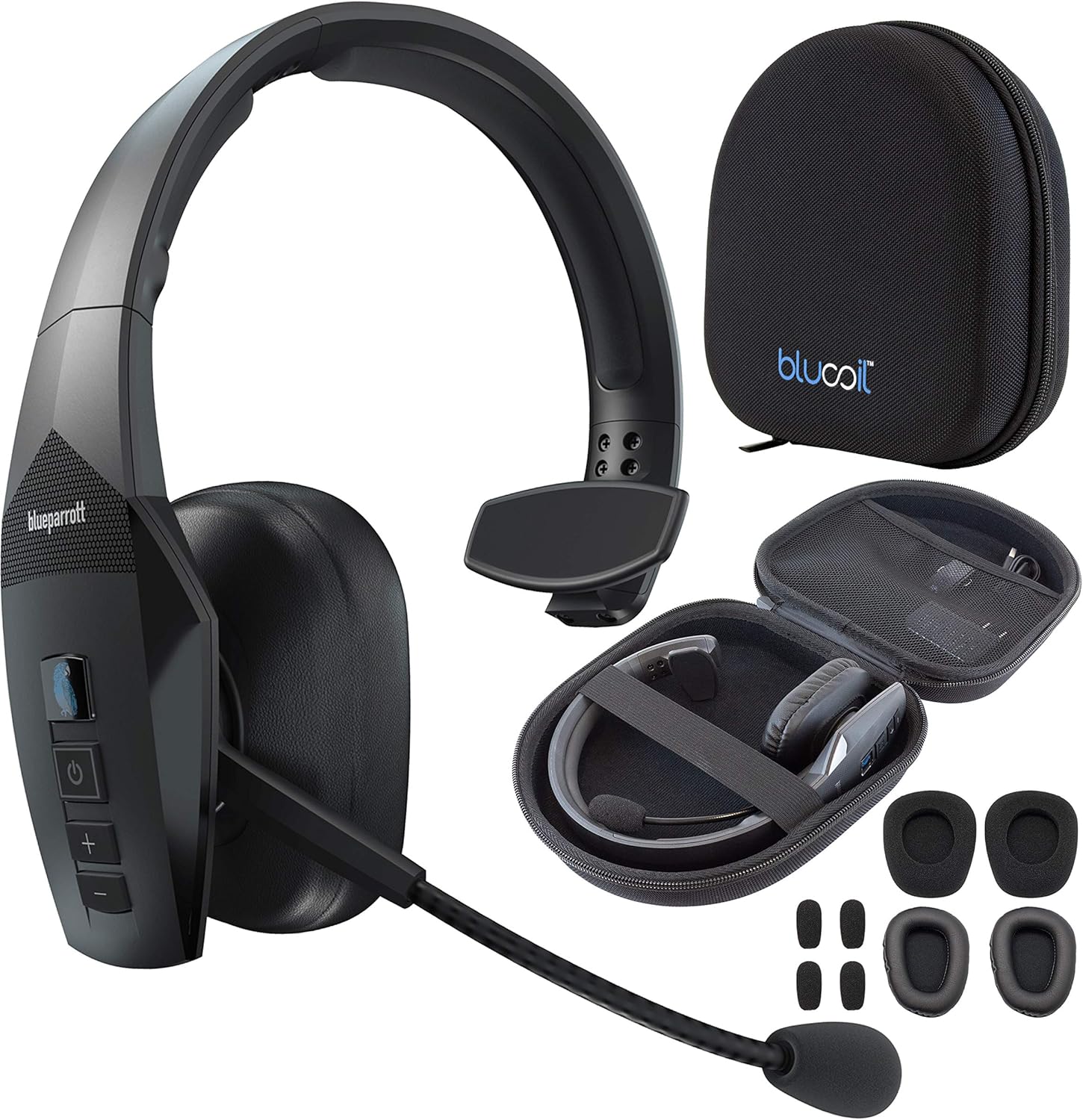 BlueParrott B550-XT Voice Controlled Bluetooth Headset with Noise Cancelling Microphone for iOS and Android Bundle with Blucoil Headphones Carrying Case, Replacement Mic Windscreens and Ear Pads