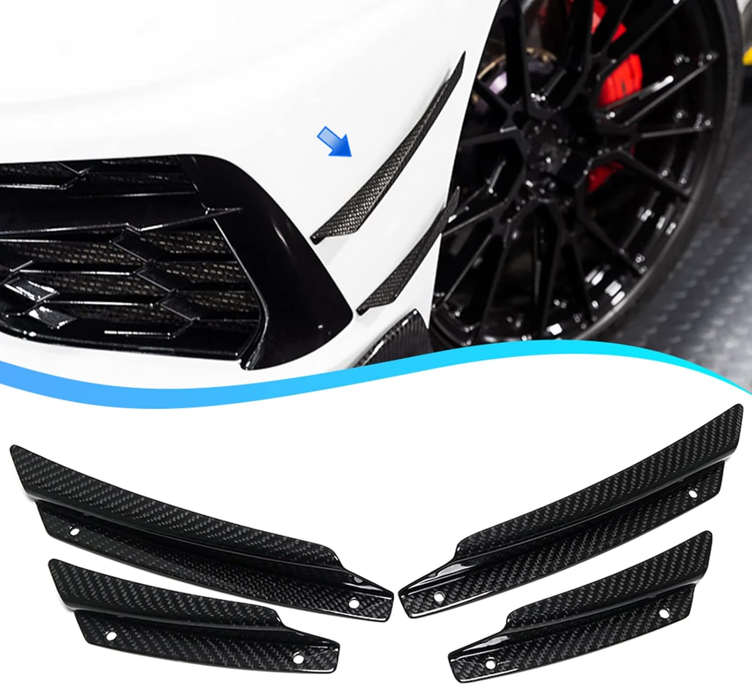 4pcs Front Side Body Bumper CANARDS Trim for 2020 2021 Chevrolet Corvette C8 | GM Z51 Style, Attach On Splitter, Genuine Carbon Fiber