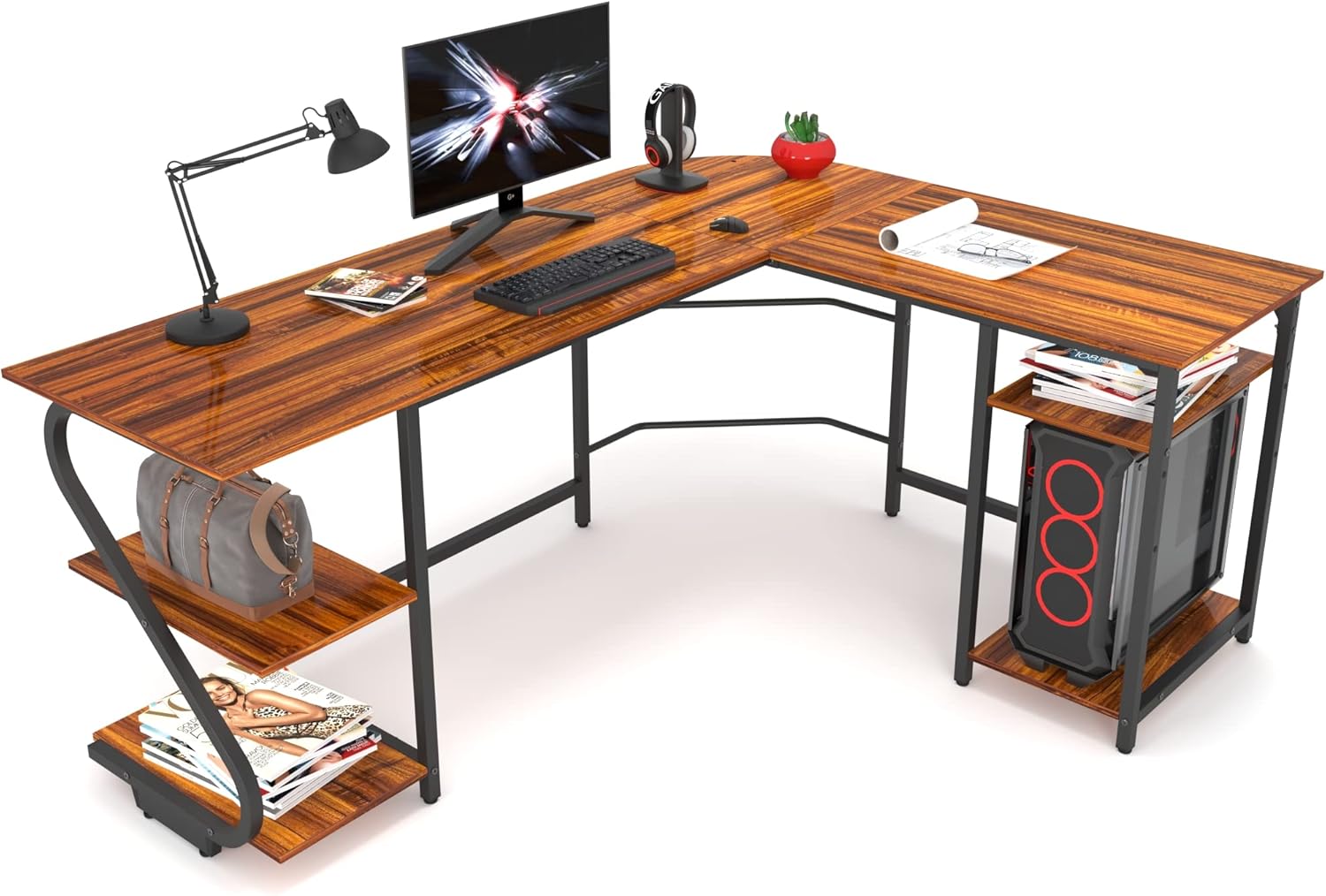 Gezen L Shaped Desk with Storage Shelf Reversible Gaming Desk Corner Computer Desk for Home Office, Spacious Laptop Table Saving Space PC Workstation,Teak