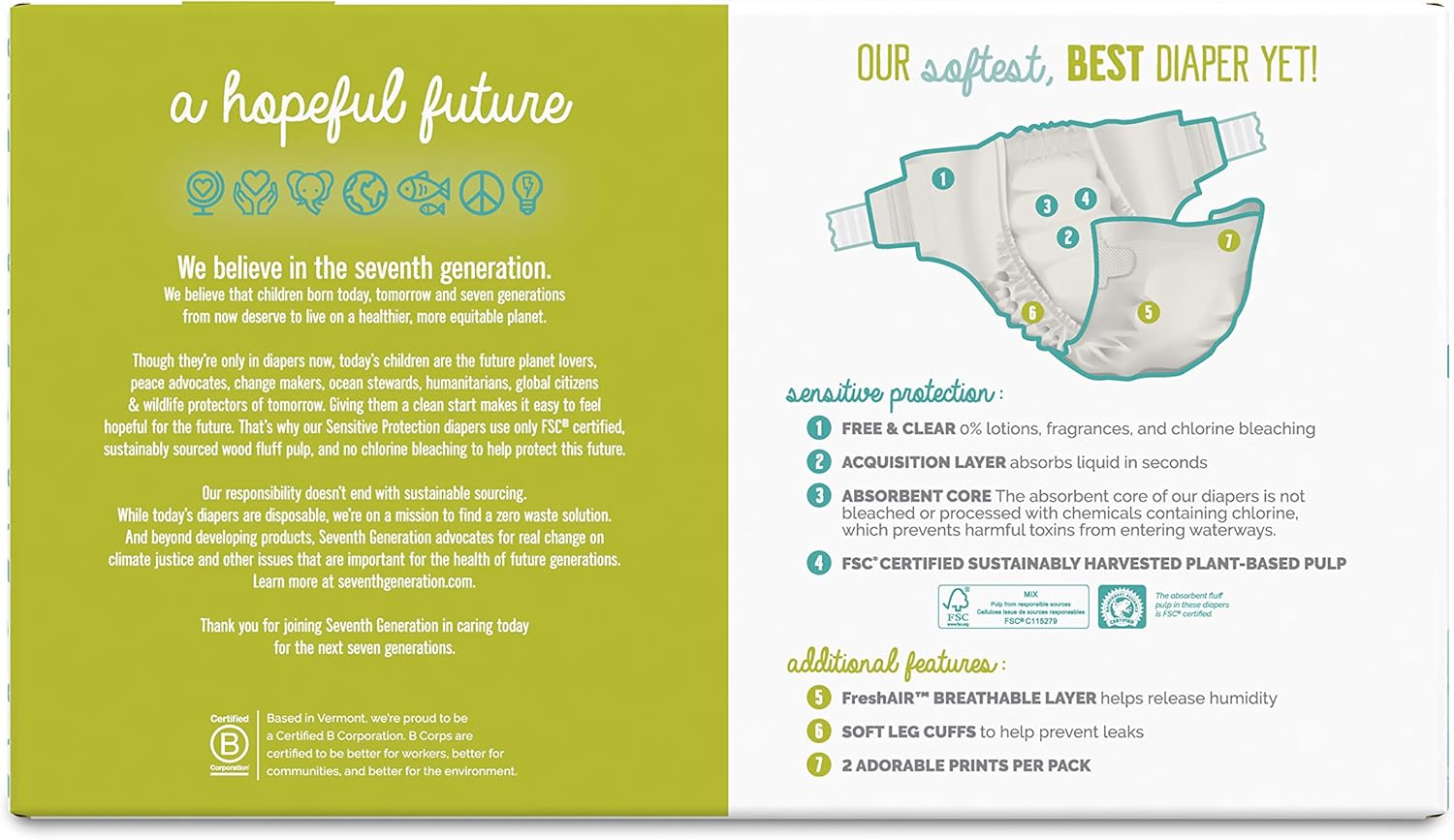 Seventh Generation Baby Diapers, Size 3, 174 count, One Month Supply, for Sensitive Skin Pack of 2