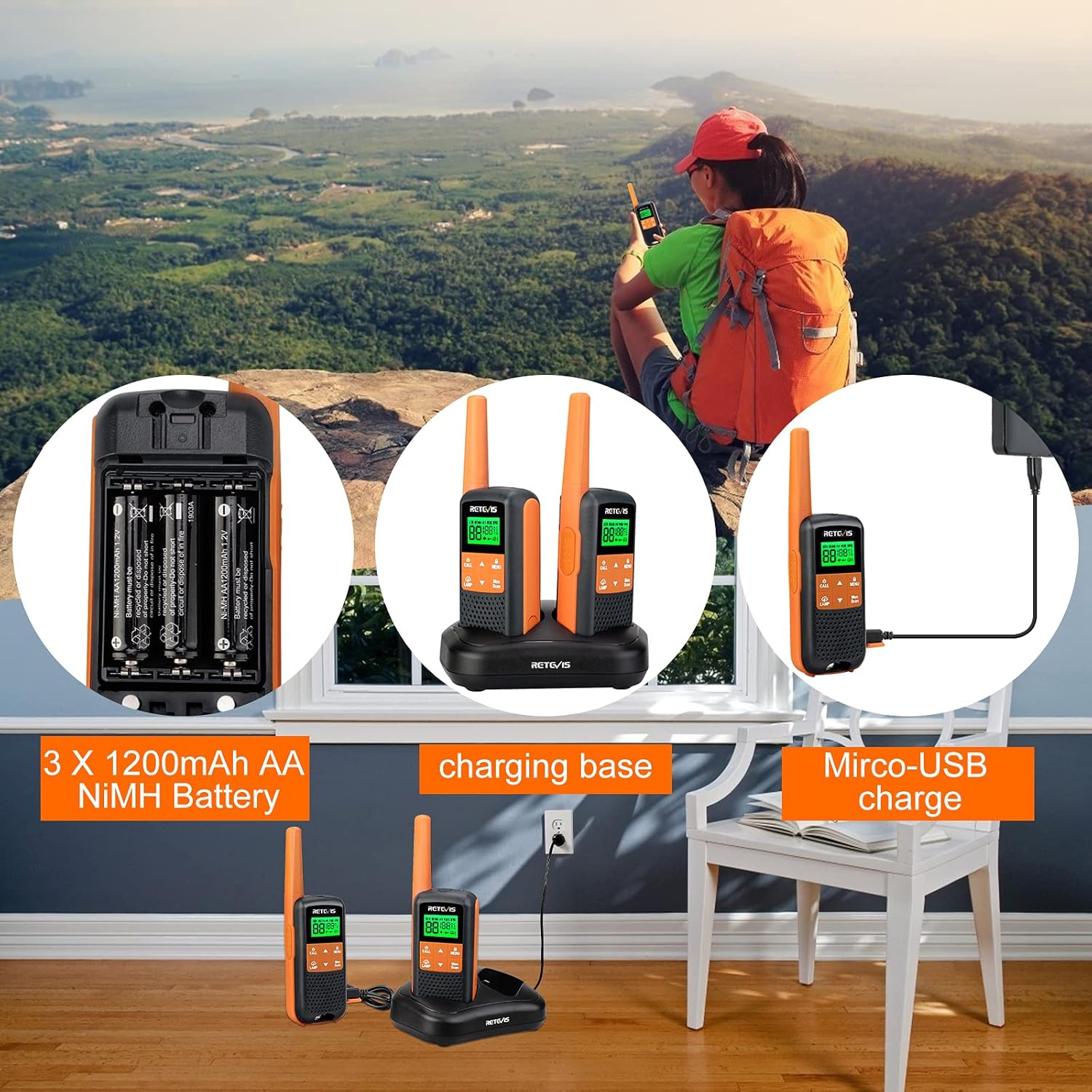 Retevis RT49 Walkie Talkie Adult Rechargeable,IP65 Water Resistant Two Way Radio Long Range,NOAA Weather Alert AA Battery Flashlight,2 Way Radio for Outdoor Cruise Camping(4 Pack)