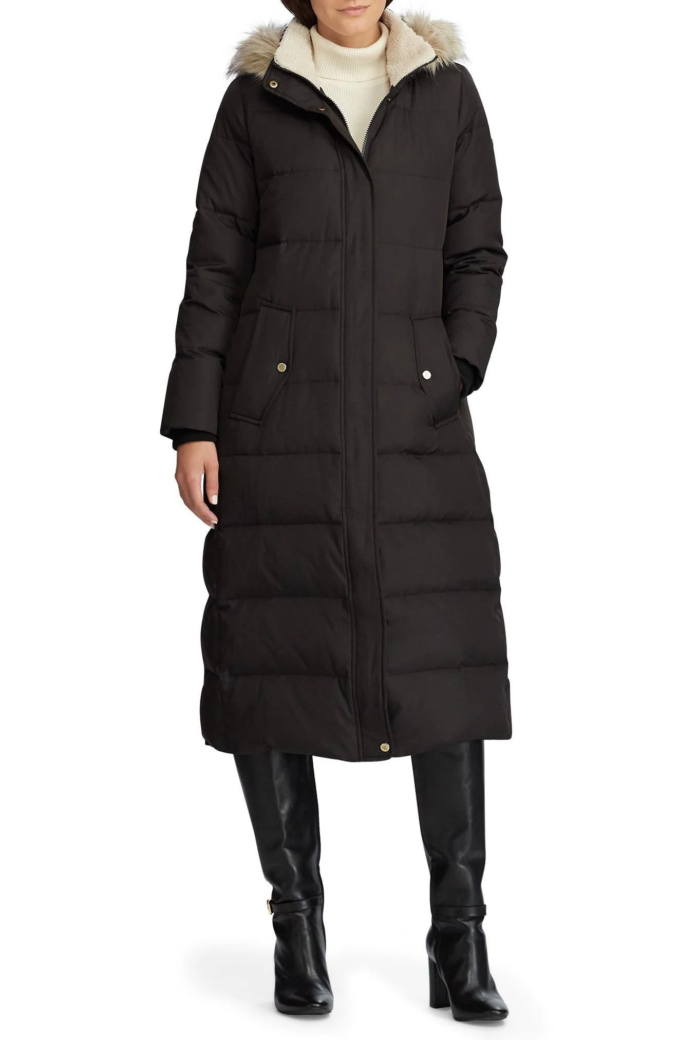Lauren Ralph Lauren Faux Fur-Trim Maxi Puffer Coat Large / Black