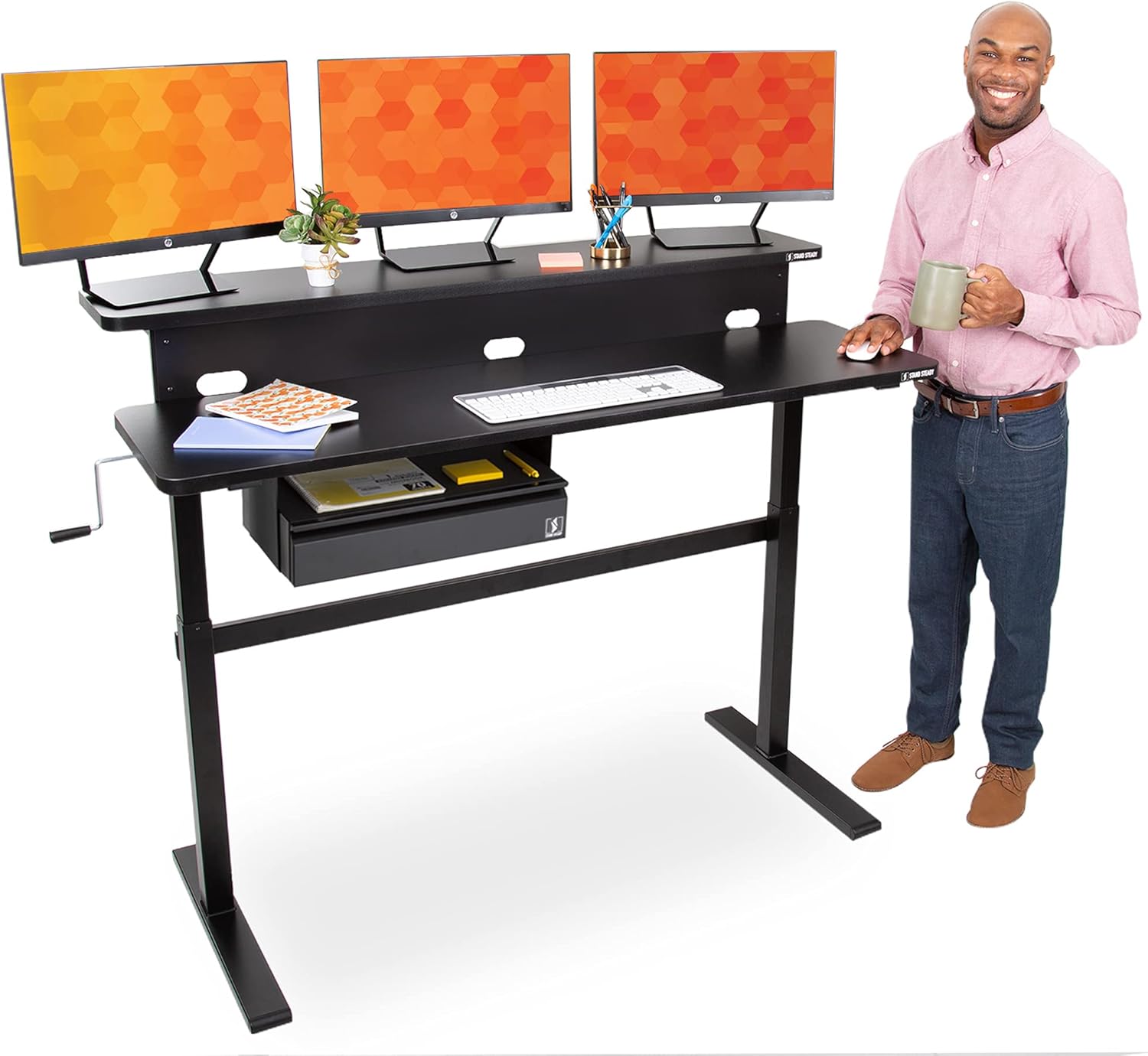 Stand Steady Tranzendesk | 55in Dual Level Standing Desk with Under Desk Drawer | Crank Height Adjustable Sit Stand Workstation | Stand Up Desk with Built-in Shelf for Home & Office (Black/55x27in)