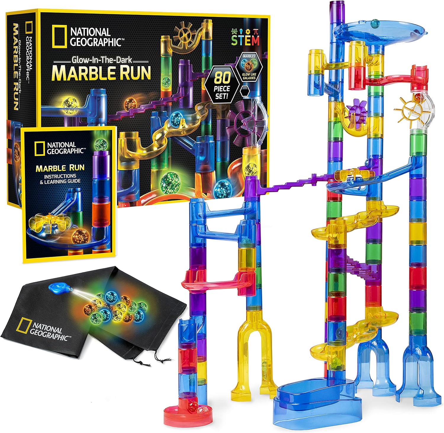 NATIONAL GEOGRAPHIC Magnetic Marble Run - 90-Piece STEM Building Set for Kids & Adults with Magnetic Track & Trick Pieces, Marbles & Magnet Board for Building A Marble Maze Anywhere Pack of 2