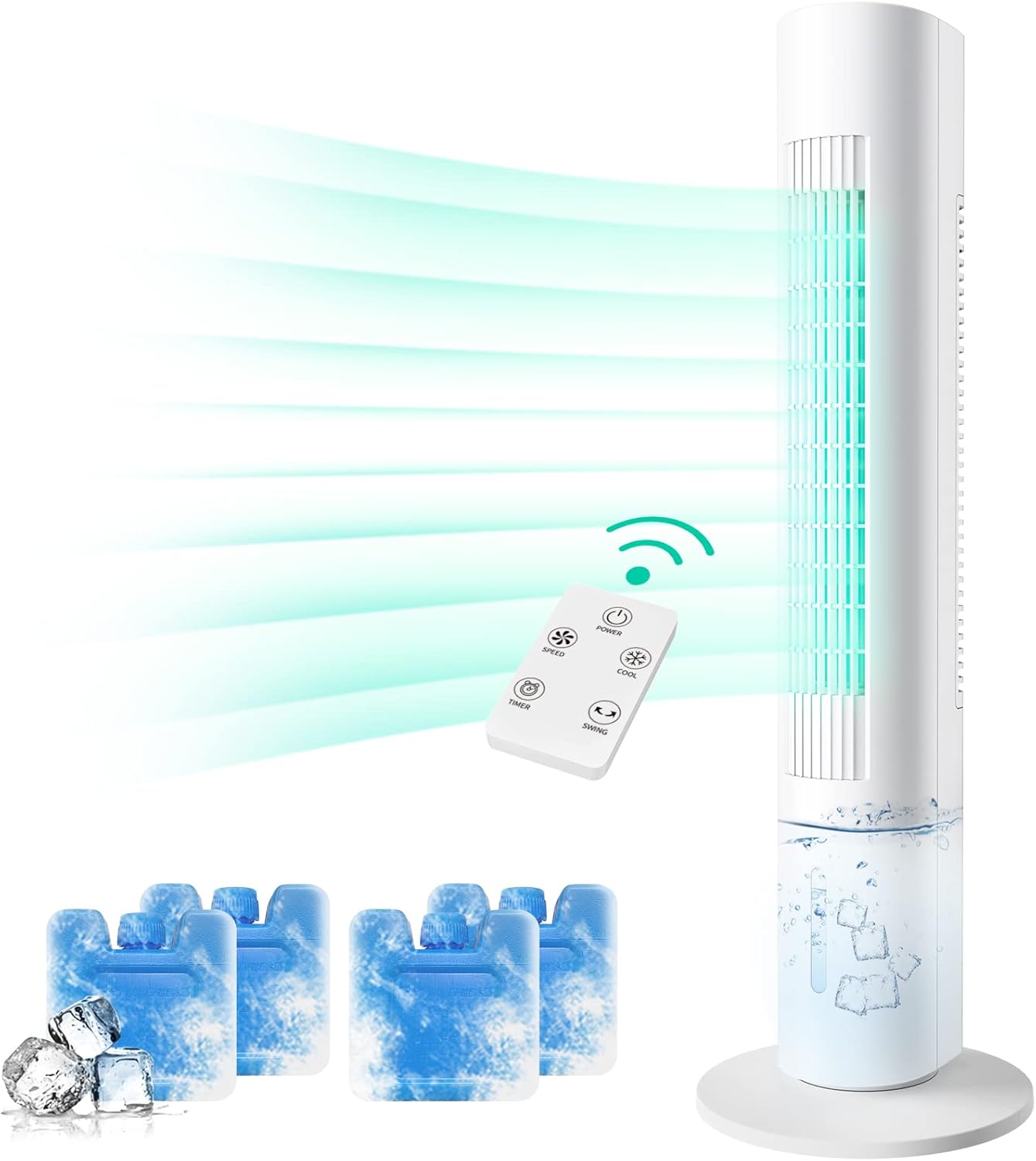 3-in-1 Evaporative Air Cooler, Cooling Tower Fan w/3 Speeds & Cooling Mode, Quiet Swamp Cooler w/7-H Timer Remote Control & 4 Ice Packs, 60&deg; Oscillation , Portable Air Conditioner Fan for Room/Office