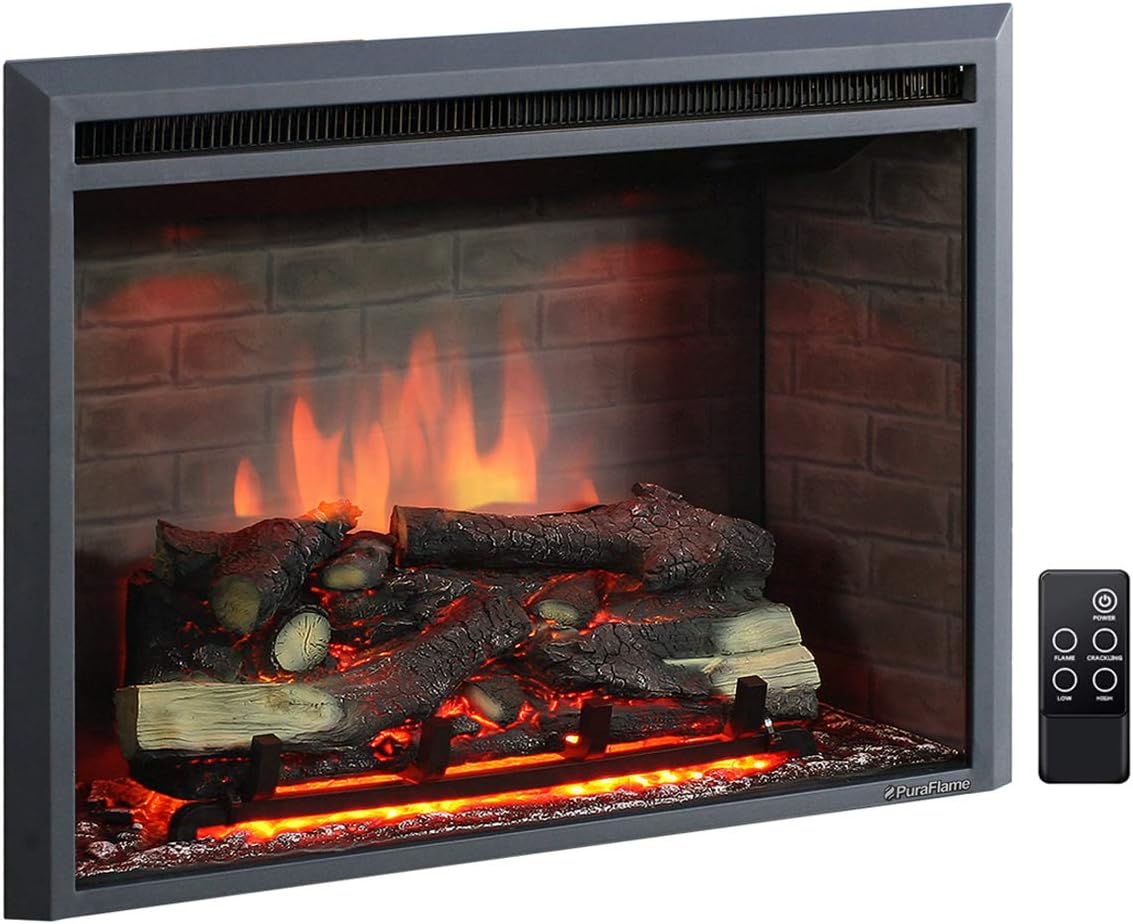 PuraFlame Western Electric Fireplace Insert with Fire Crackling Sound, Remote Control, 750/1500W, Black, 29 59/64 Inches Wide, 23 3/16 Inches High