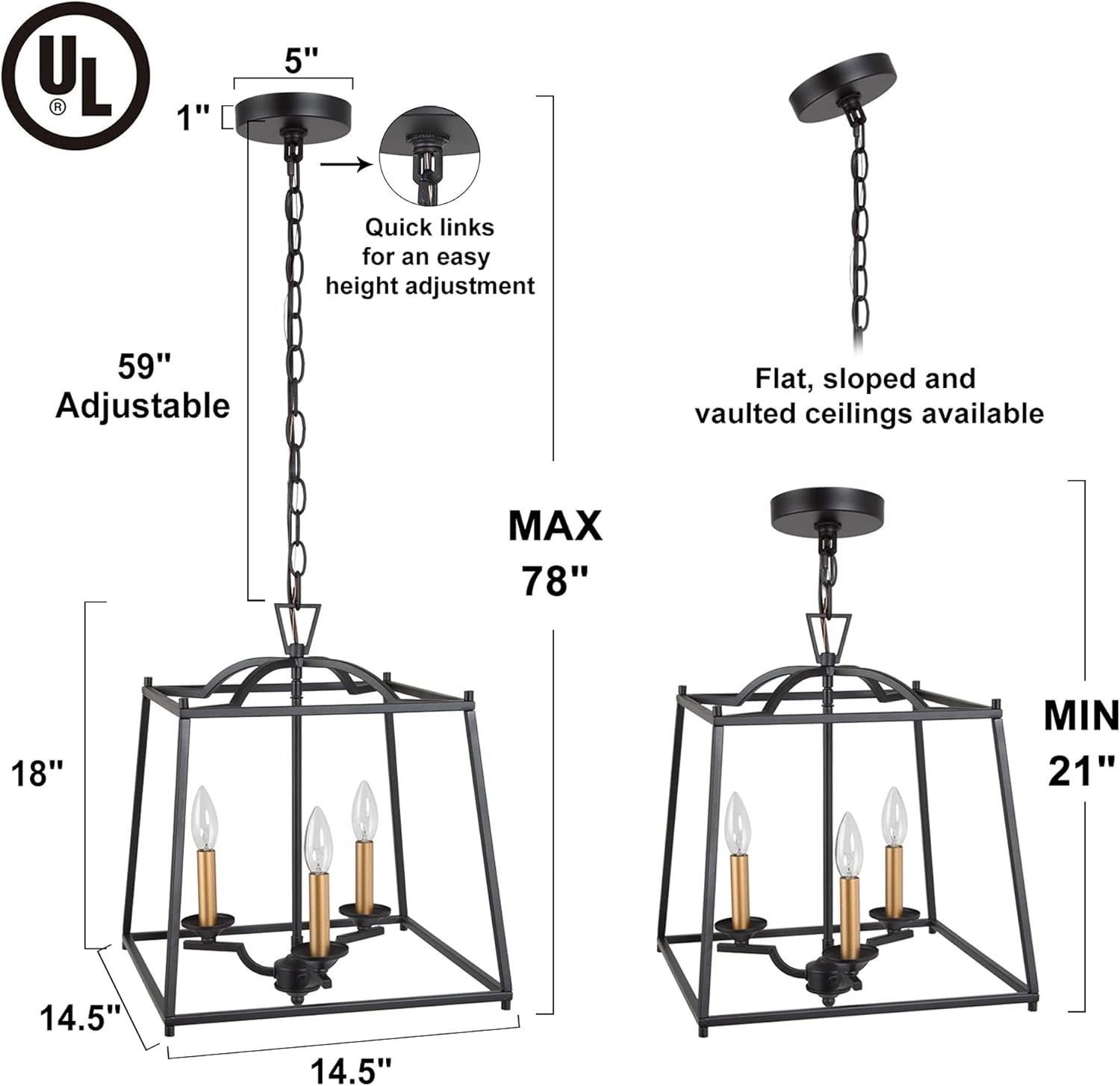 Durent Lighting Black Modern Chandelier Light Fixture, 3-Light Lantern Farmhouse Cage Chandelier with Gold Bulb Base for Dining Room, Kitchen Island, Bedroom, Foyer, Entryway, 14.5