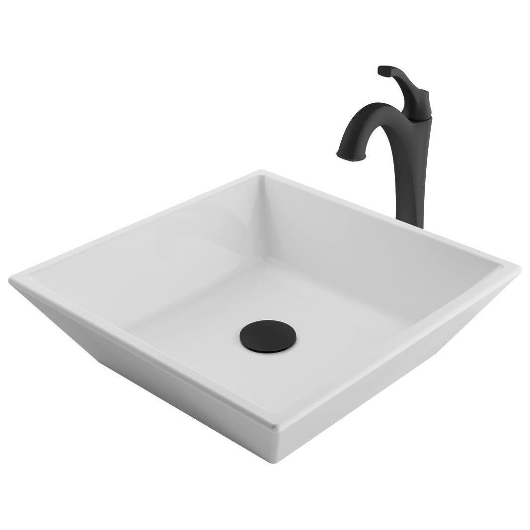 Kraus C-KCV-125-1200MB 16 in. Elavo Square White Porcelain Ceramic Bathroom Vessel Sink u0026 Matte Black Arlo Faucet Combo Set