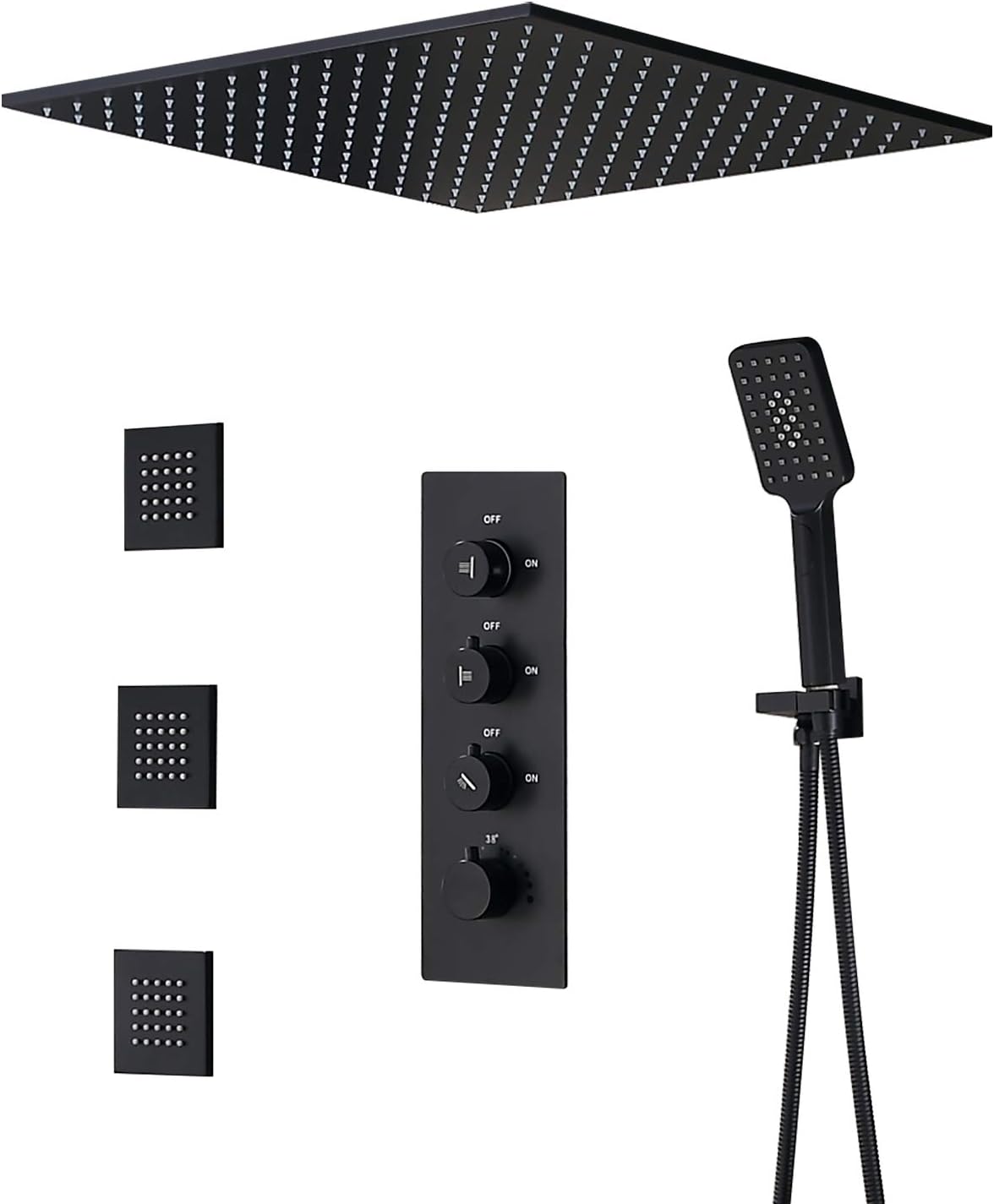 JiaYouJia 16'' Thermostatic Ceiling Mount Rainfall Shower System with Hand Shower & Body Spray Jets Rain Shower Head 3-Way Shower Valve Bathroom Shower Combo Set in Matte Black