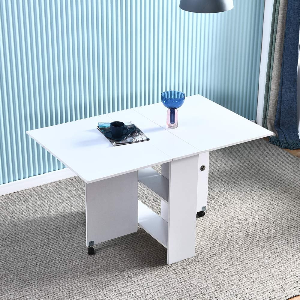 Folding Dining Table,4HOMART YVONNE&F.L.A.M. Drop Leaf Dining Kitchen Table Folding Desk with 2 Wheels & 2 Storage Shelves Wooden Mobile Drop Leaf Kitchen Console Table Extendable Desk for Small Space