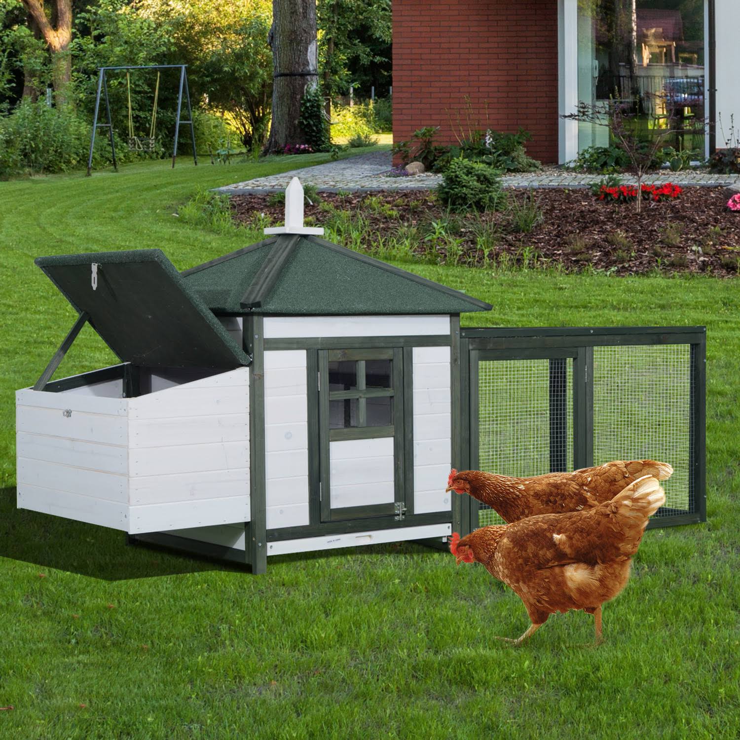 Pawhut 77x22 Wooden Backyard Chicken Coop Kit with Nesting Box and Run - White/Gre