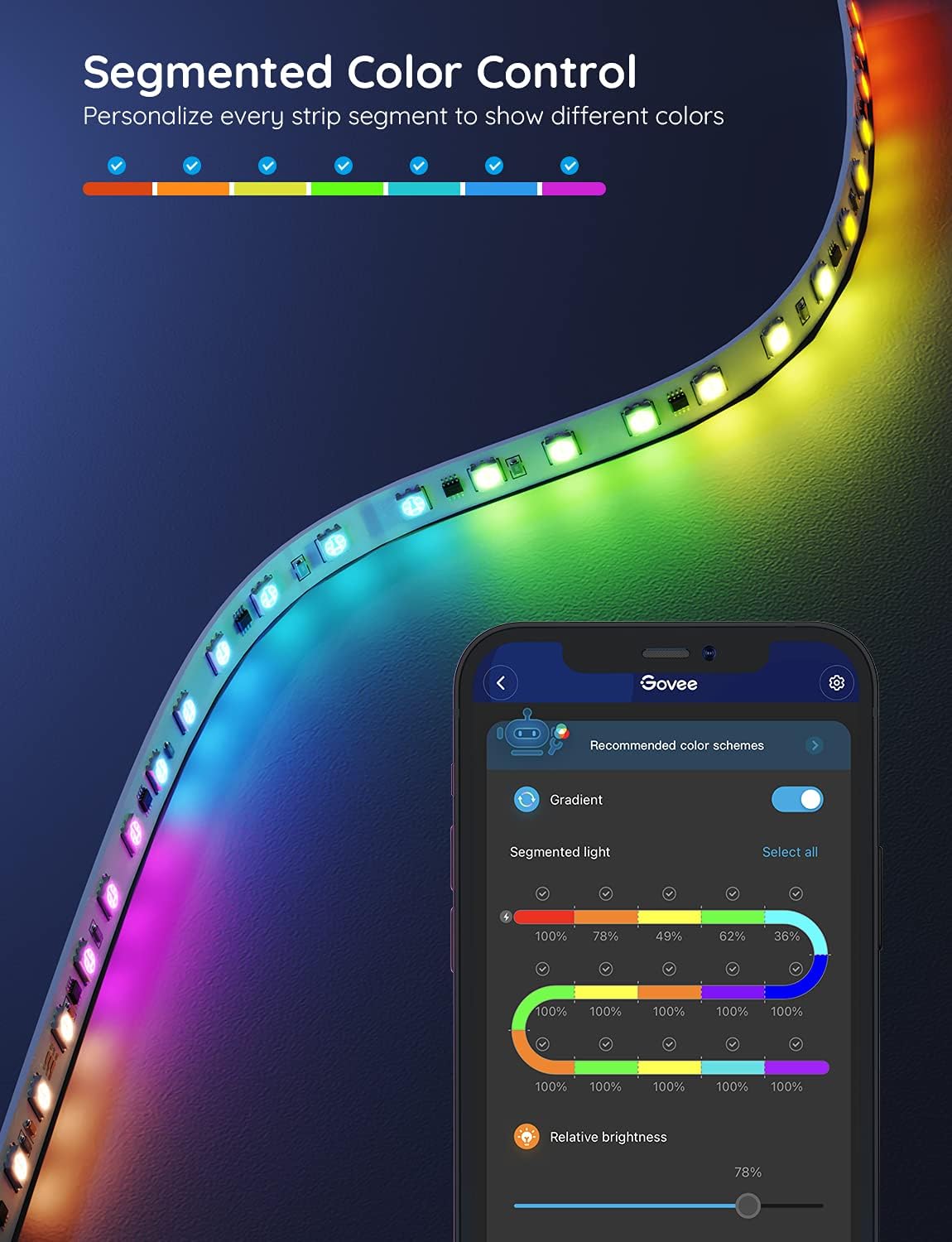 Govee 65.6ft RGBIC LED Strip Lights, Color Changing LED Strips, App Control via Bluetooth, Smart Segmented Control, Multiple Scenes, Enhanced Music Sync LED Lights for Bedroom, Party (2 X 32.8ft) Pack of 2