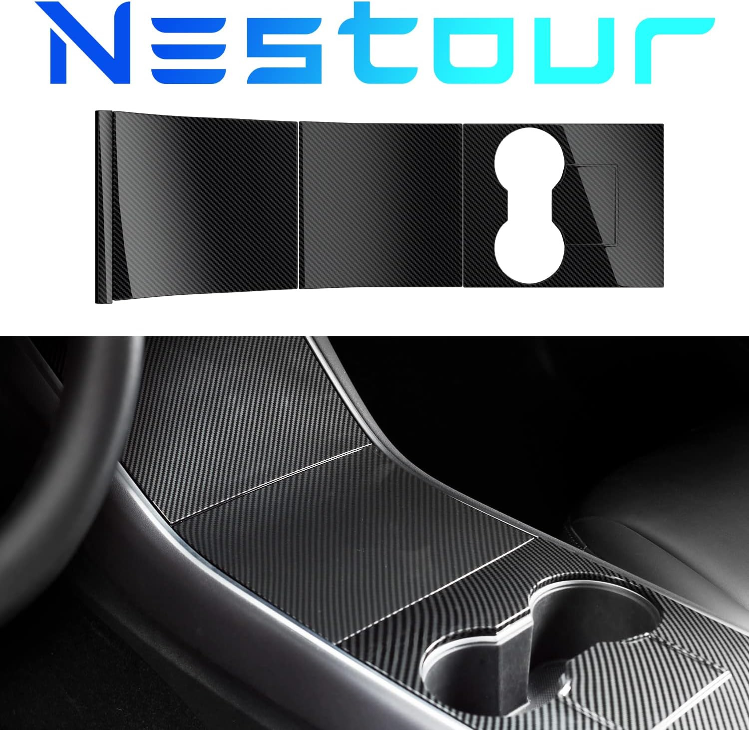 Nestour 2021 Tesla Model 3 Model Y Center Console Wrap Cover Kit, Ultra Slim, Non-Trace Remove Center Console Protector Accessories, Premium ABS Material. (Glossy Carbon Fiber)