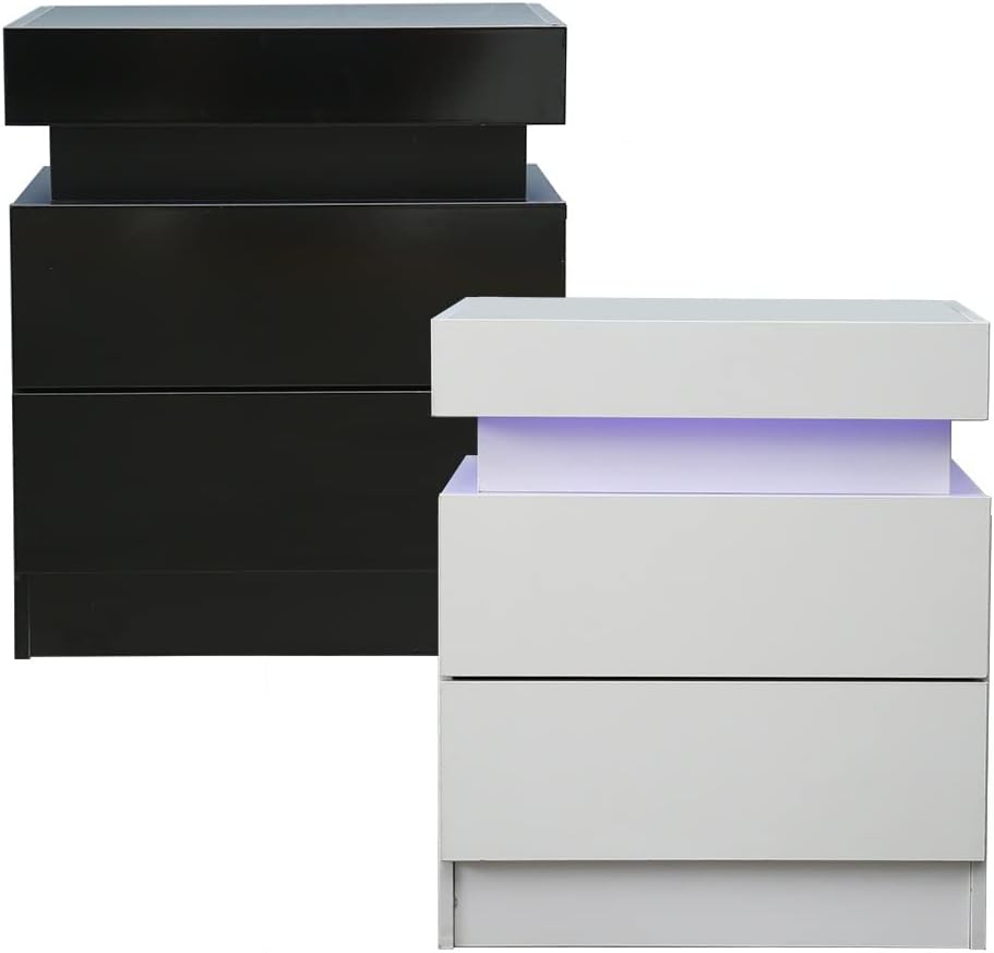 High Gloss LED Nightstand, Multi-Colour LED Backlight Night Stands, 2 Drawer Night Stand Storage Shelf Bedside End Table Cabinet for Living Room Bedroom Decor (Black)