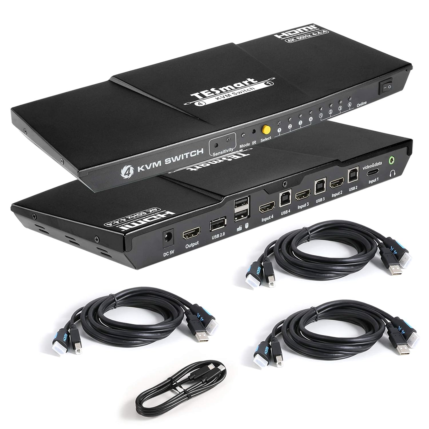 TESmart USB-C + HDMI KVM Switch, 4K@60Hz, 4 in 1 Out, Audio Output, Additional USB 2.0, 3 HDMI inputs + 1 Type-C Input (Black)