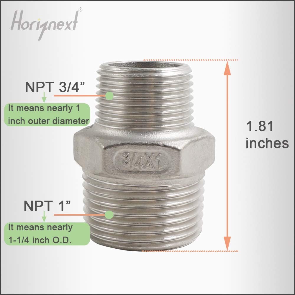Horiznext male threaded stainless steel 304 hex pipe fitting, NPT 1to NPT 3/4 reducer (Pack of 2)