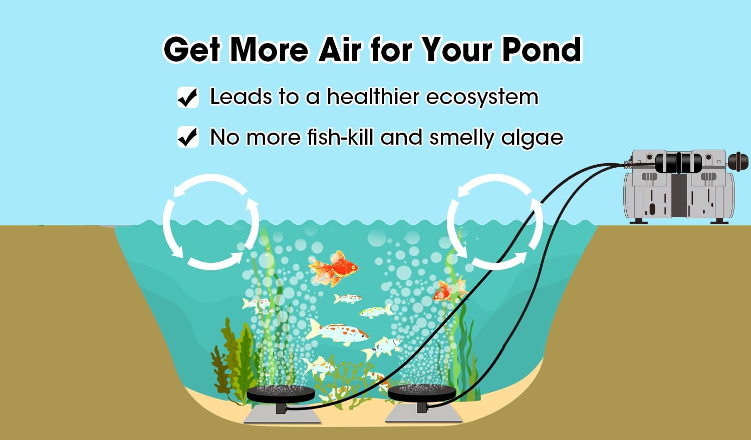 HQUA PAS20 Pond & Lake Aeration System for Up to 3 Acre, 1/2 HP Compressor + Two 100' Weighted Tubing + 2 Diffusers