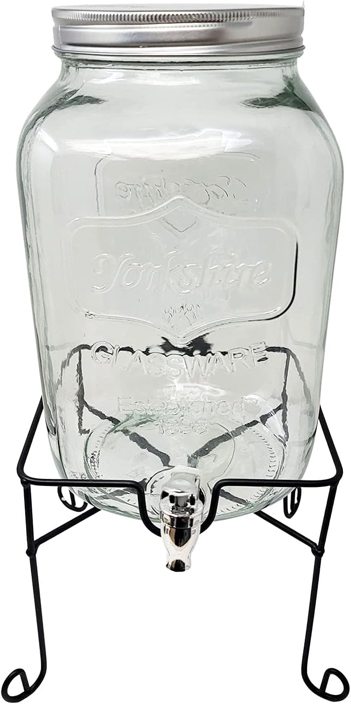Beverage Dispenser 2 Gallon Glass Mason Jar with Metal Stand for Water, Juice, Beer Wine Sangria, Kombucha & Cold Drinks Pack of 2
