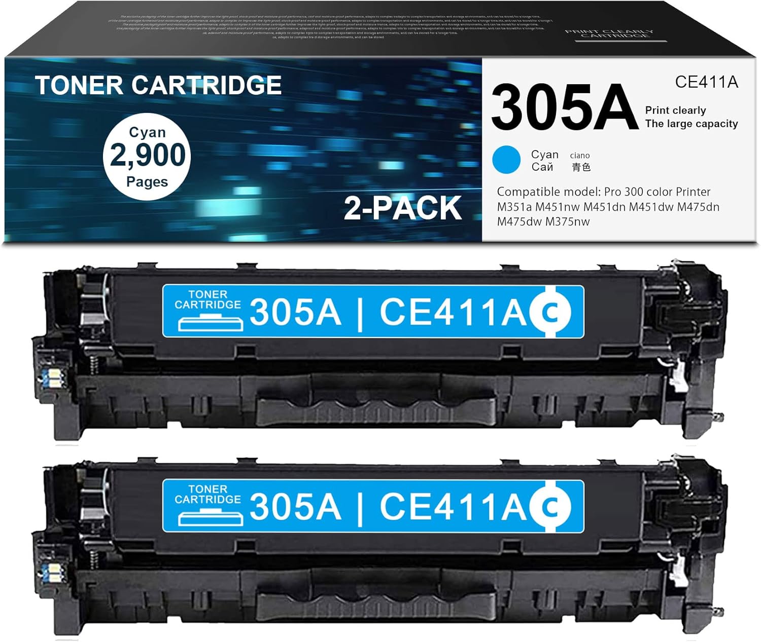 DIOUSAINK 2 Pack 305A CE411A Cyan Toner Cartridge Compatible for HP M475dn M375nw M451dw M351a M451nw M475dw M451dn Printer Toner.