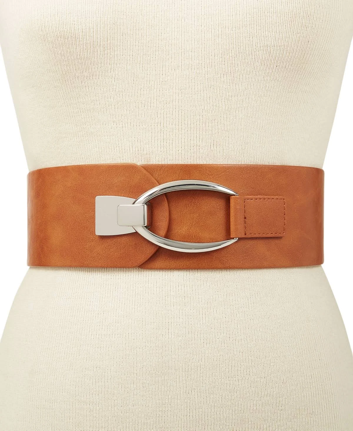 Inc Interlocking-Hook Stretch Belt, Created for Macy&s - Cognac/Silver